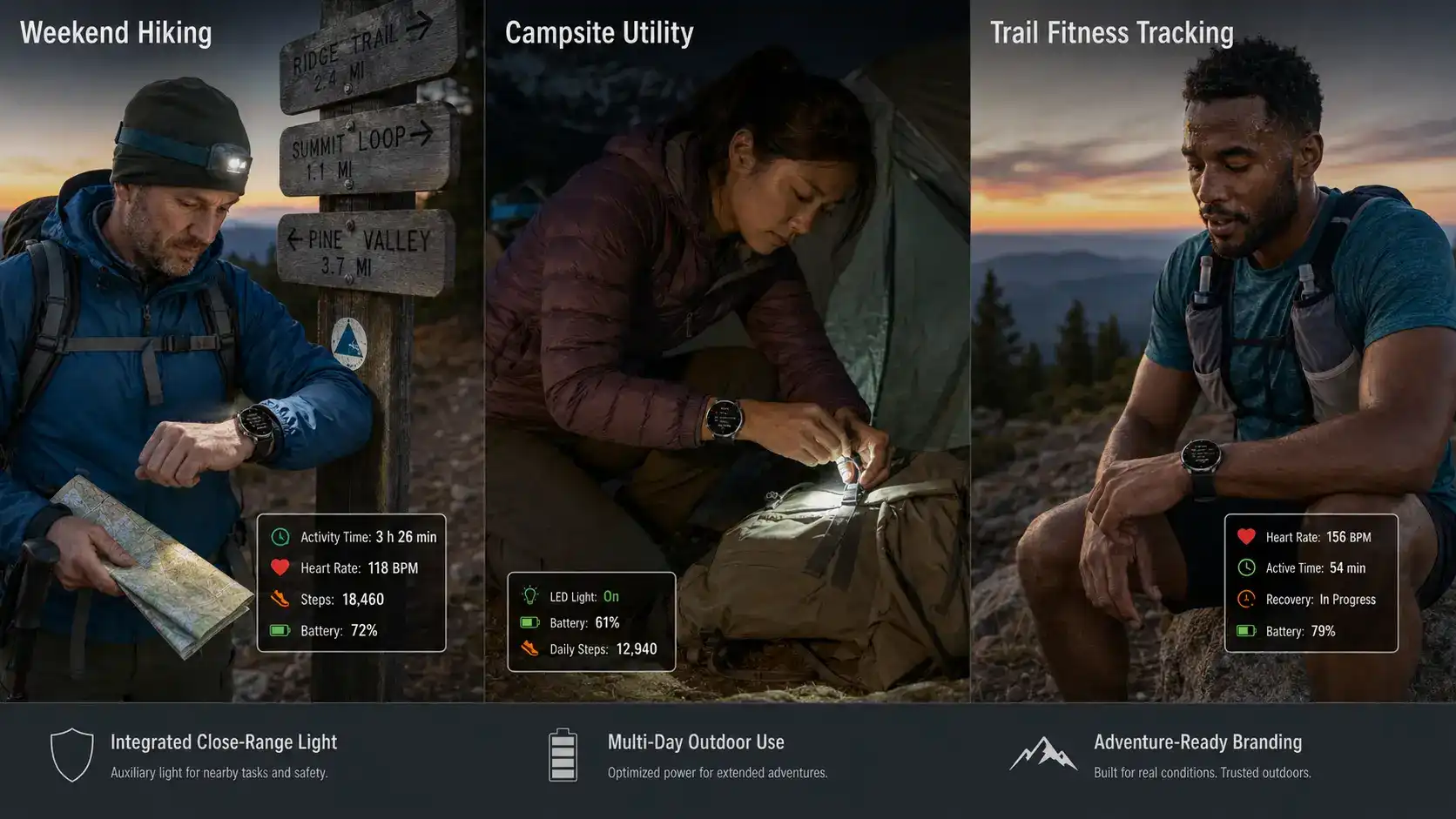 Outdoor smartwatch used for hiking and camping.