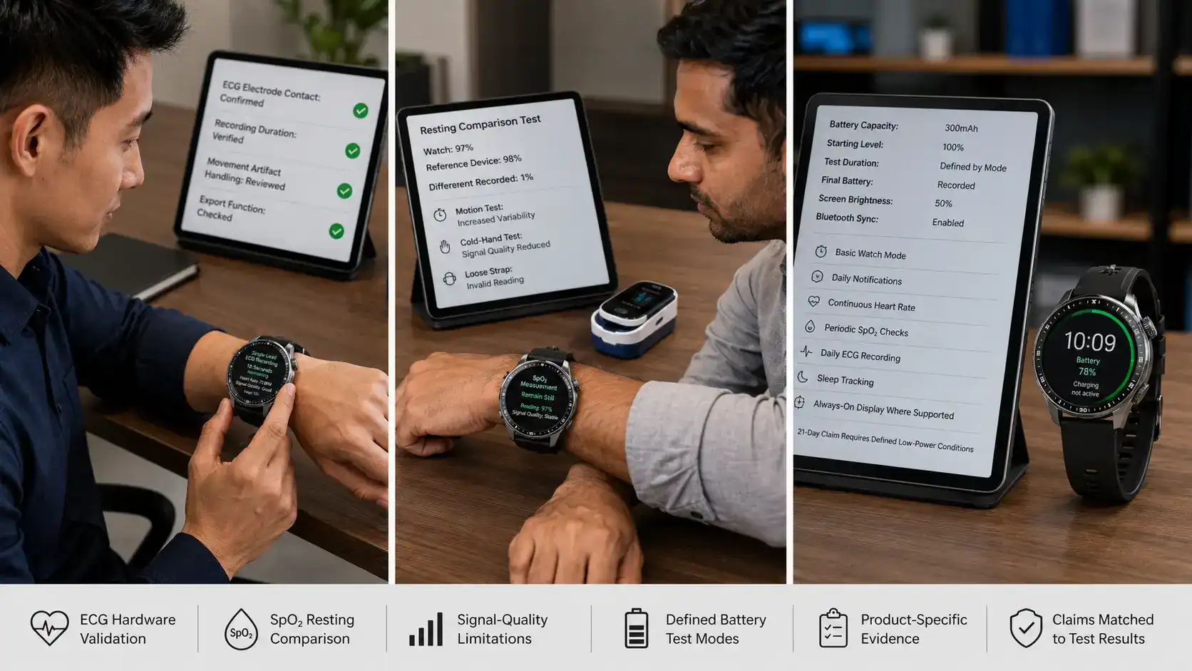 ECG SpO₂ smartwatch technical validation tests. ECG SpO₂ smartwatch technical validation tests.