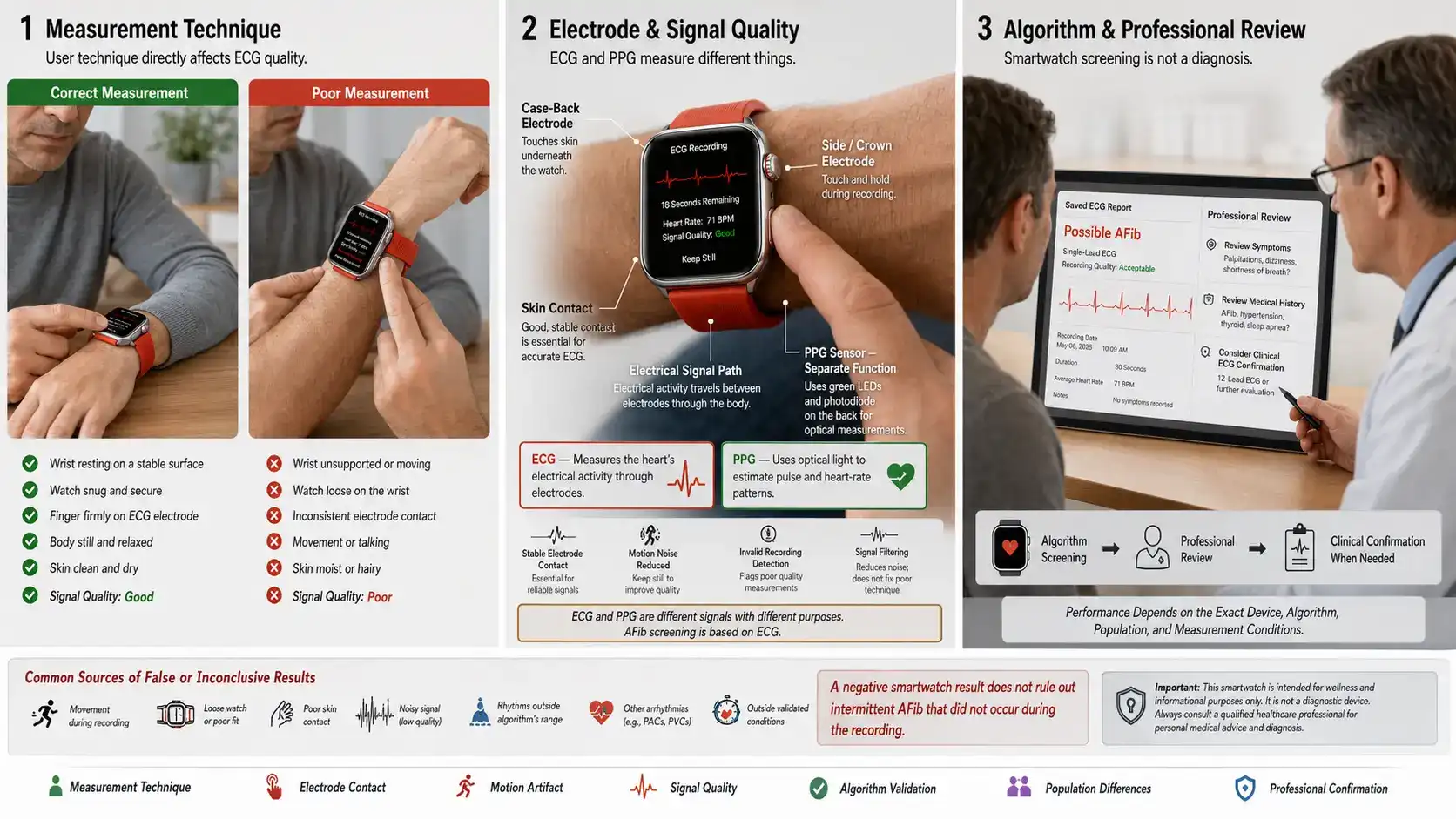Factors affecting smartwatch AFib screening accuracy.