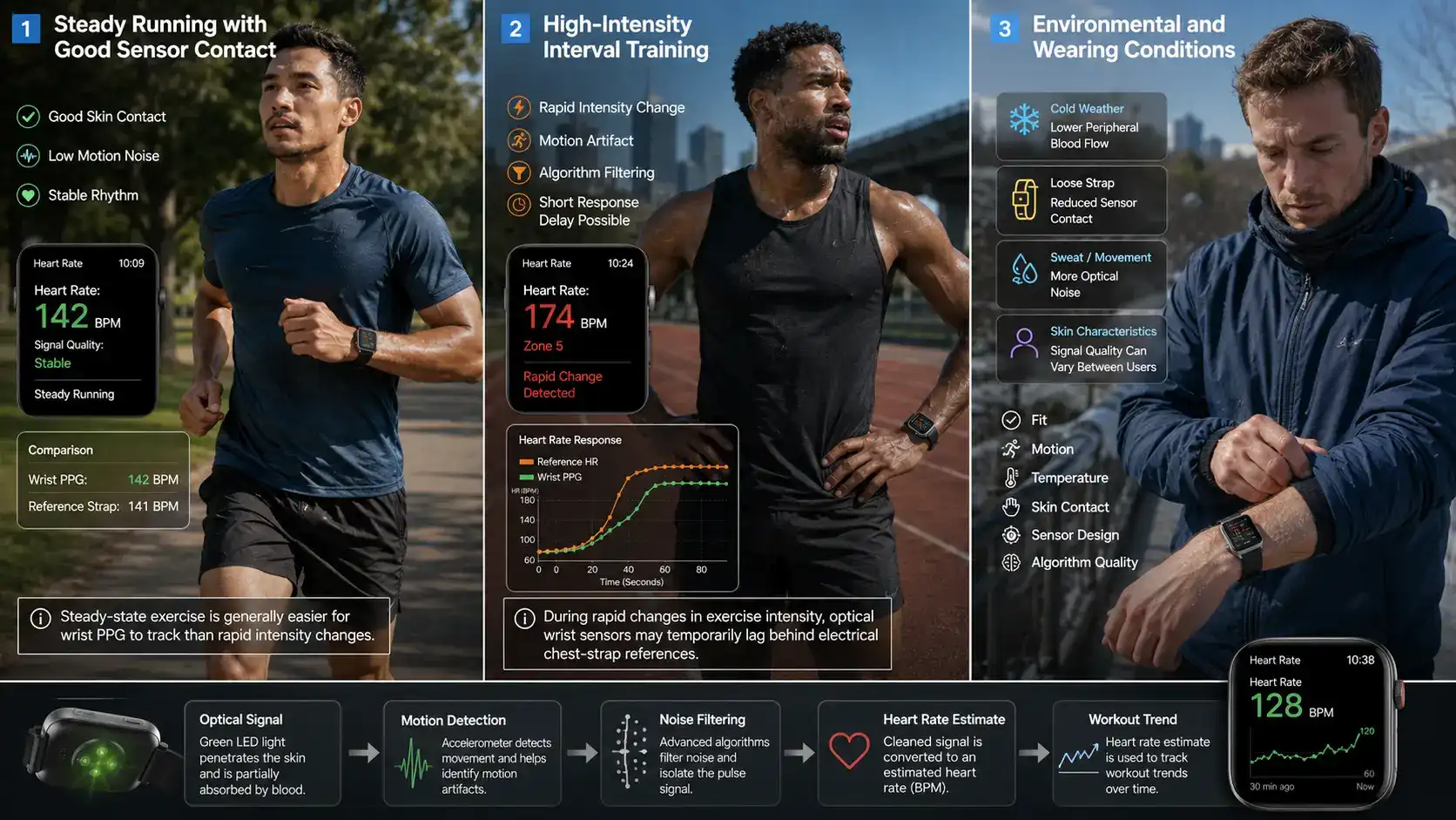 Real-world factors affecting smartwatch heart rate accuracy.