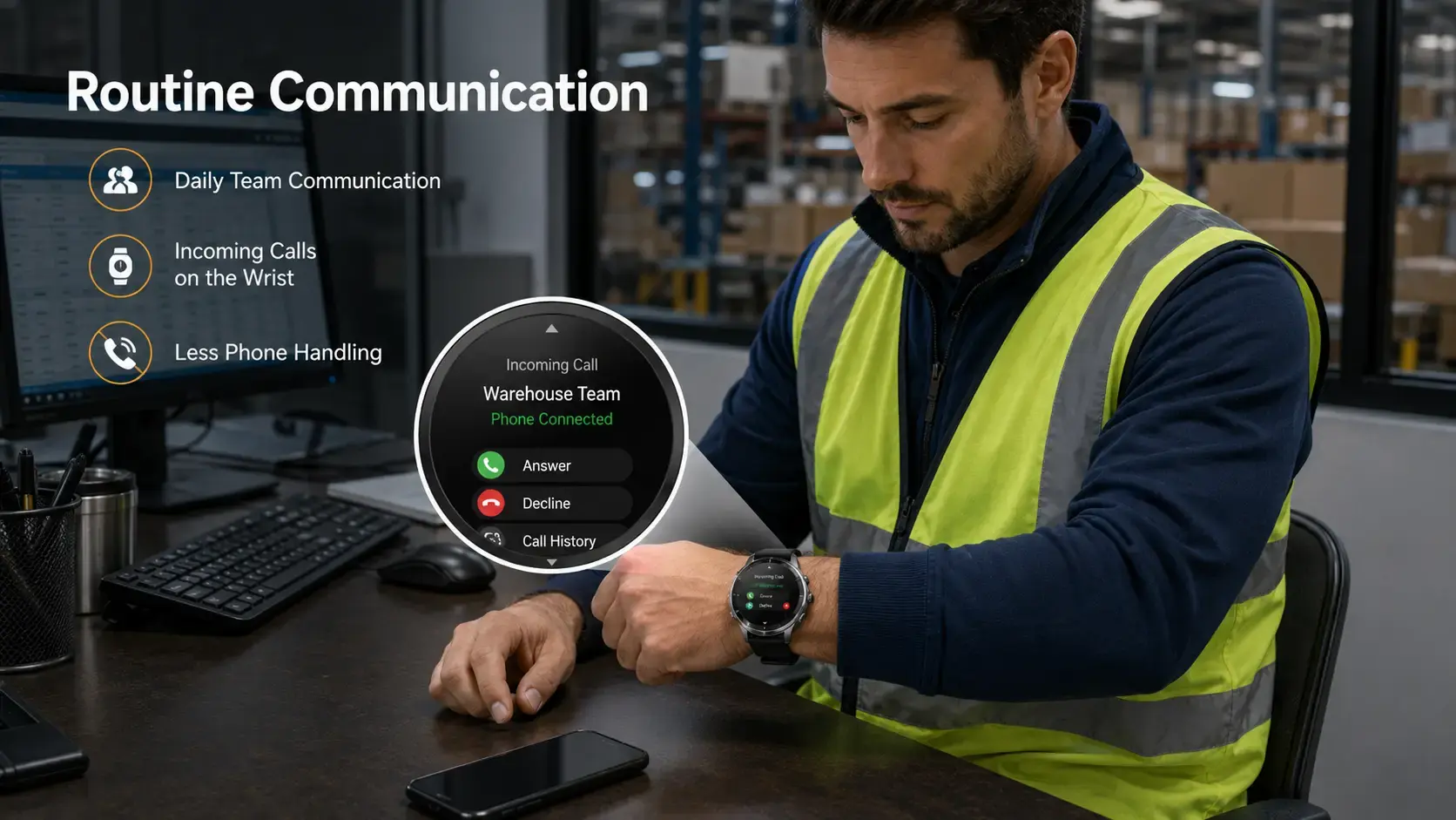 Voice Call Watch supporting workplace communication and emergency access.