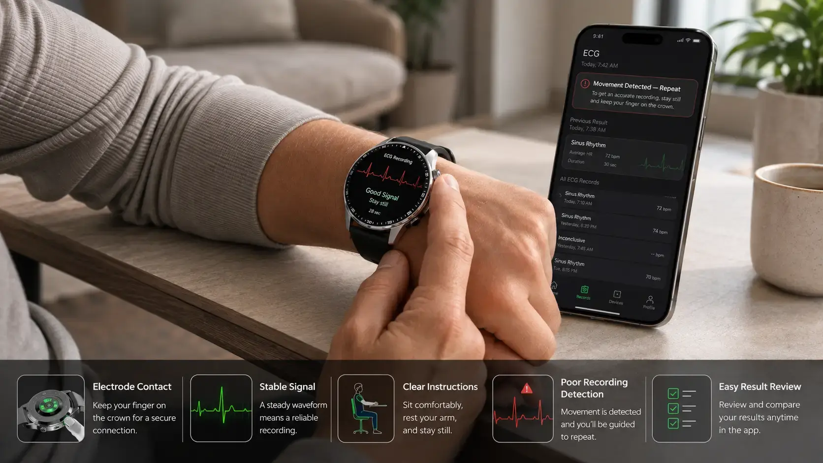 Real-world ECG and SpO₂ smartwatch health tracking scenarios. Real-world ECG and SpO₂ smartwatch health tracking scenarios.