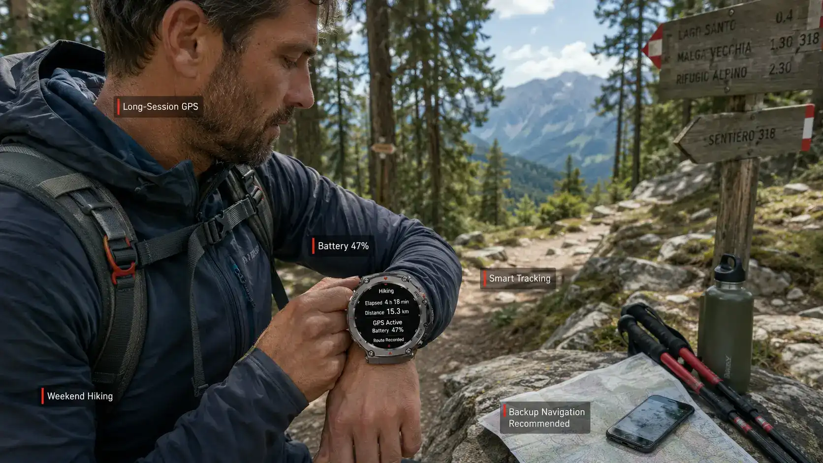 Runner viewing an AMOLED smartwatch in bright outdoor light.