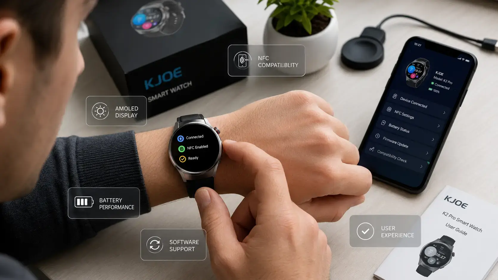 NFC smartwatch enabling contactless payment, access and device connection. NFC smartwatch enabling contactless payment, access and device connection.