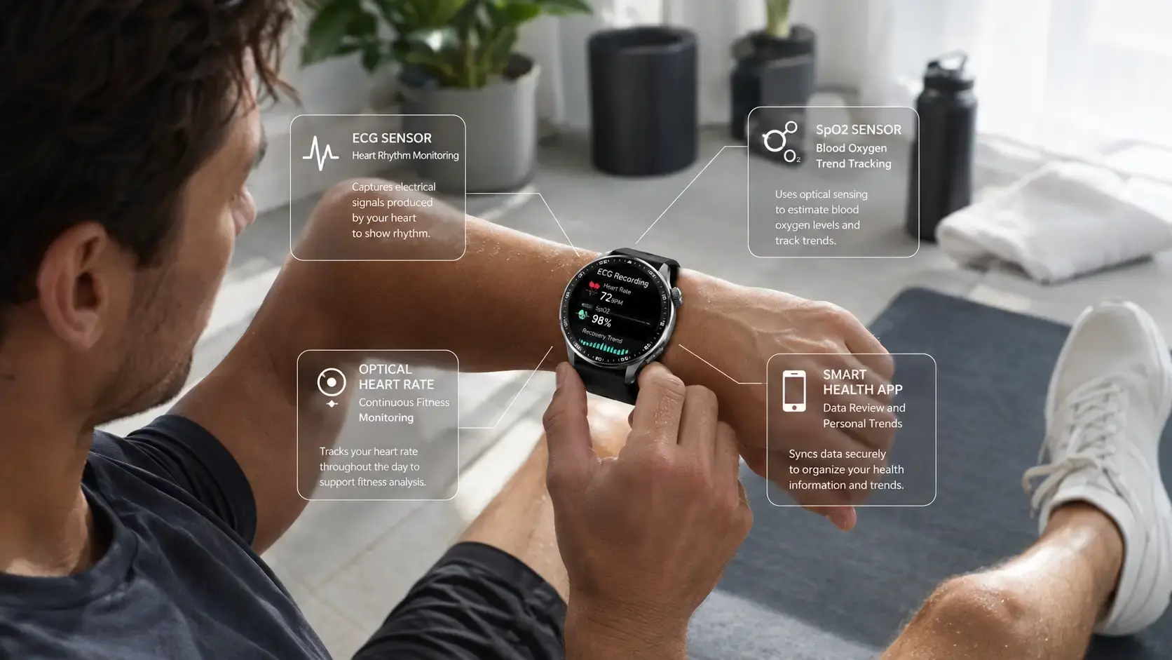 Outdoor user wearing an ECG SpO₂ smartwatch with battery and activity tracking features. Outdoor user wearing an ECG SpO₂ smartwatch with battery and activity tracking features.