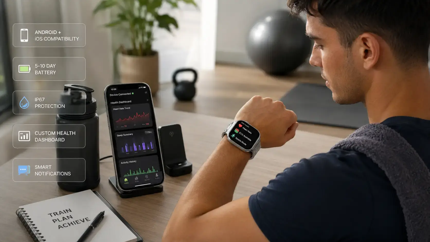 ECG smartwatch displaying heart rate, ECG and sports tracking features.