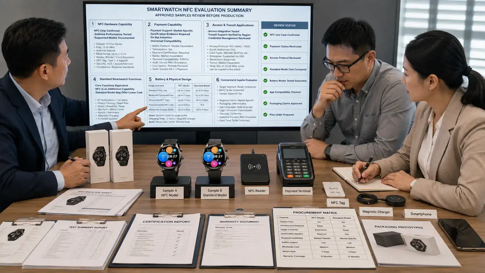 Buyer comparing NFC and standard smartwatches. Buyer comparing NFC and standard smartwatches.