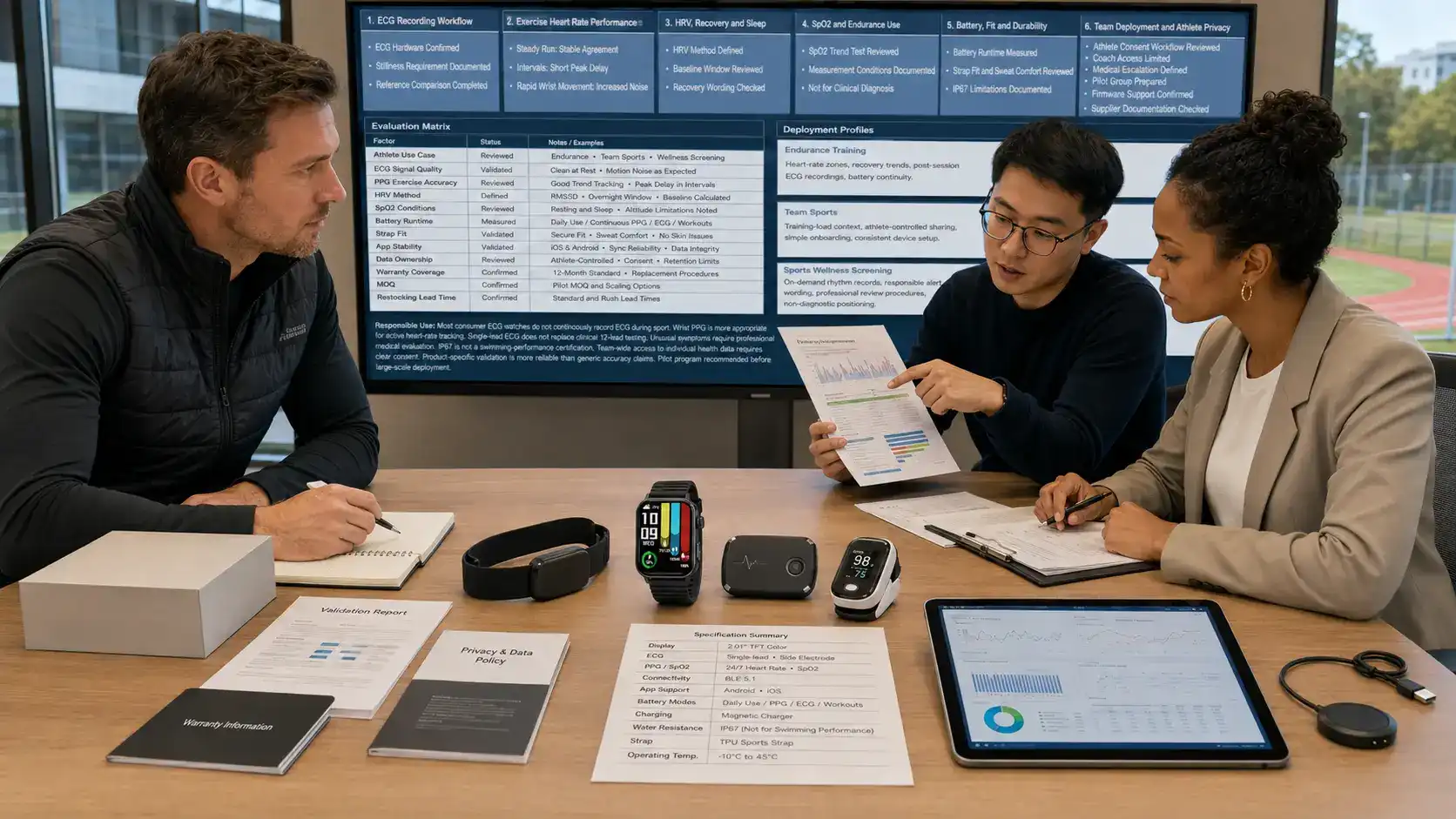 Sports team reviewing an ECG smartwatch pilot.