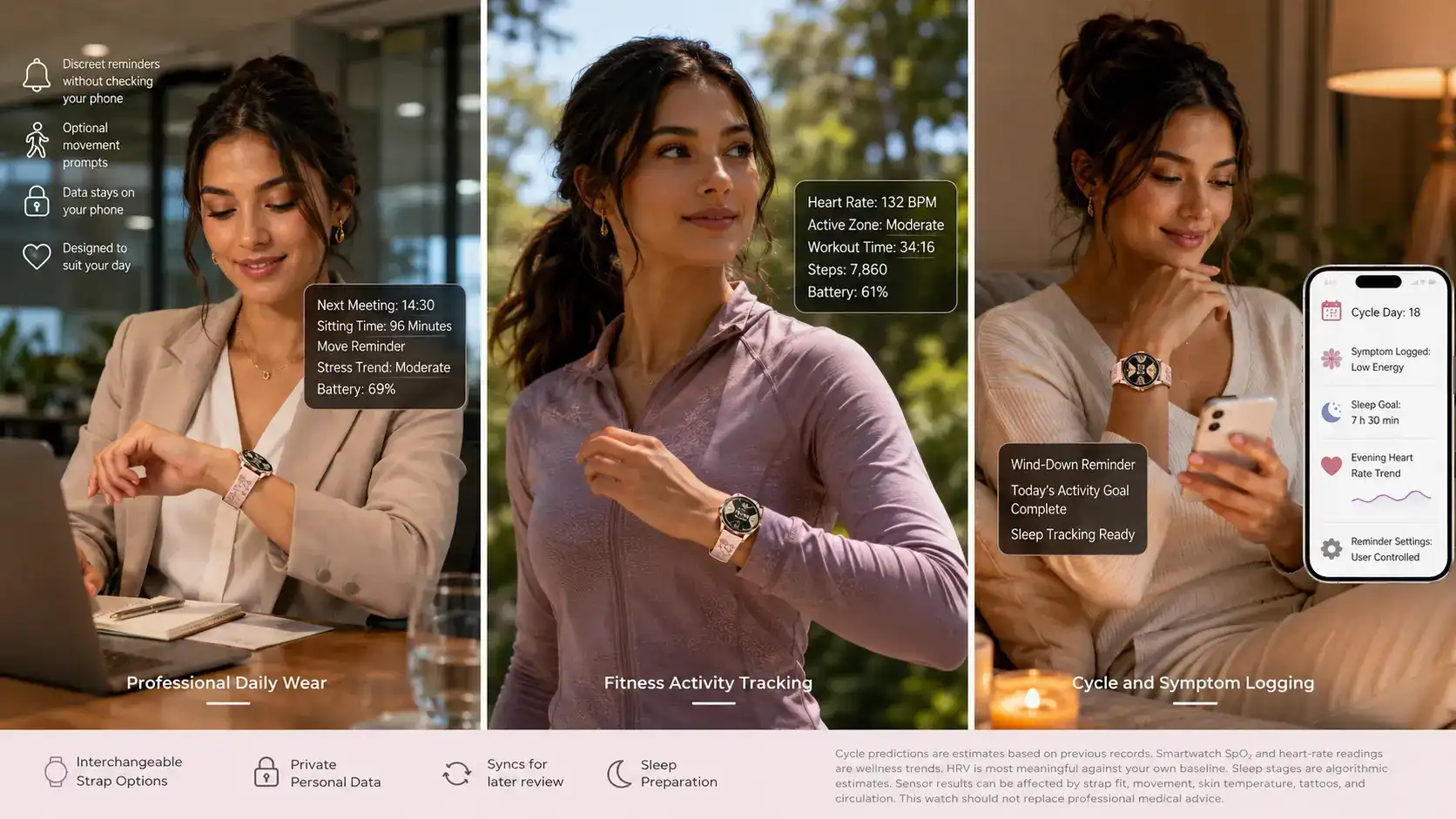 Women’s smartwatch used for work, fitness and wellness.