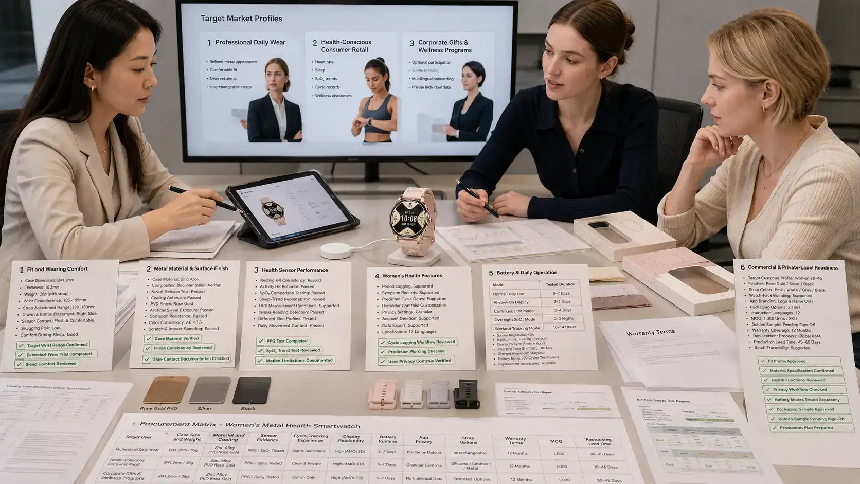 Buyer reviewing a women’s metal health smartwatch. Buyer reviewing a women’s metal health smartwatch.
