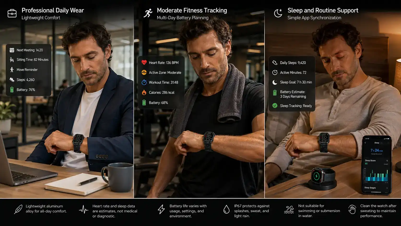 Aluminum smartwatch used throughout the day. Aluminum smartwatch used throughout the day.