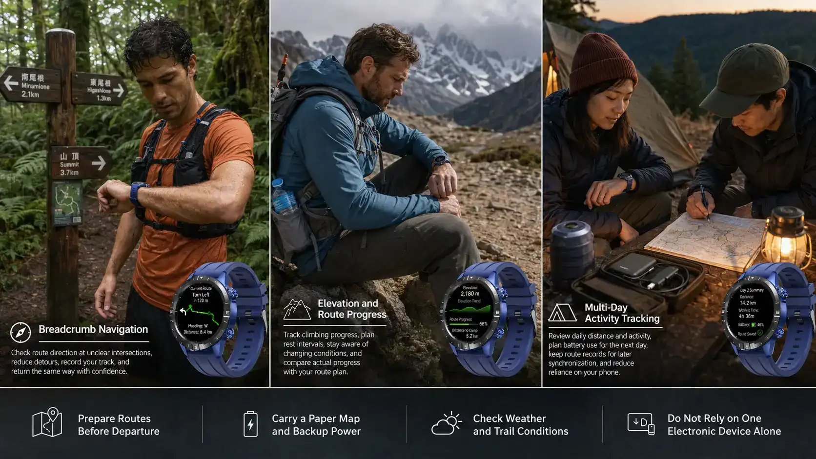 GPS outdoor smartwatch used on forest trails, mountain climbs and camping trips.