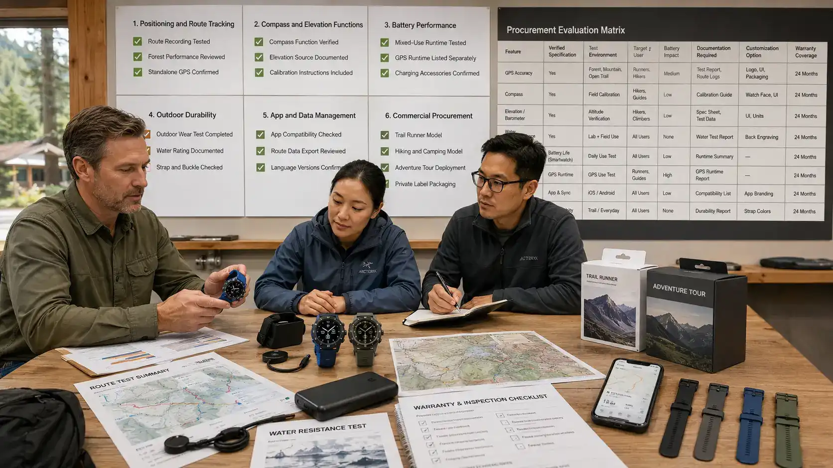 Outdoor-product team evaluating GPS smartwatch navigation and battery performance. Outdoor-product team evaluating GPS smartwatch navigation and battery performance.