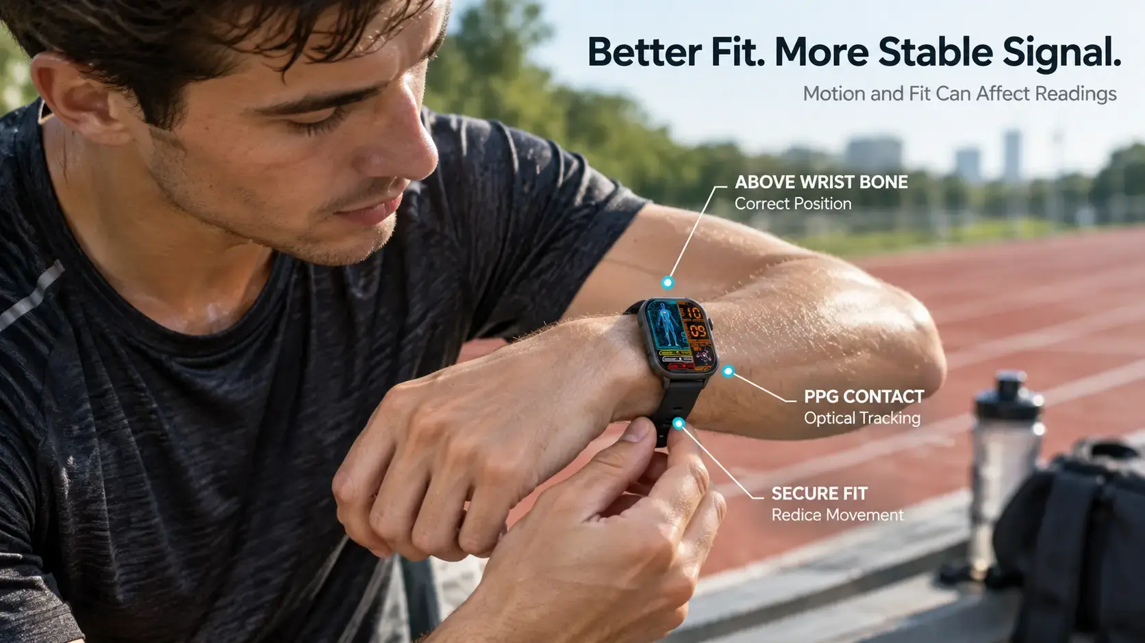 Runner adjusting smartwatch fit for stable optical heart rate tracking. Runner adjusting smartwatch fit for stable optical heart rate tracking.