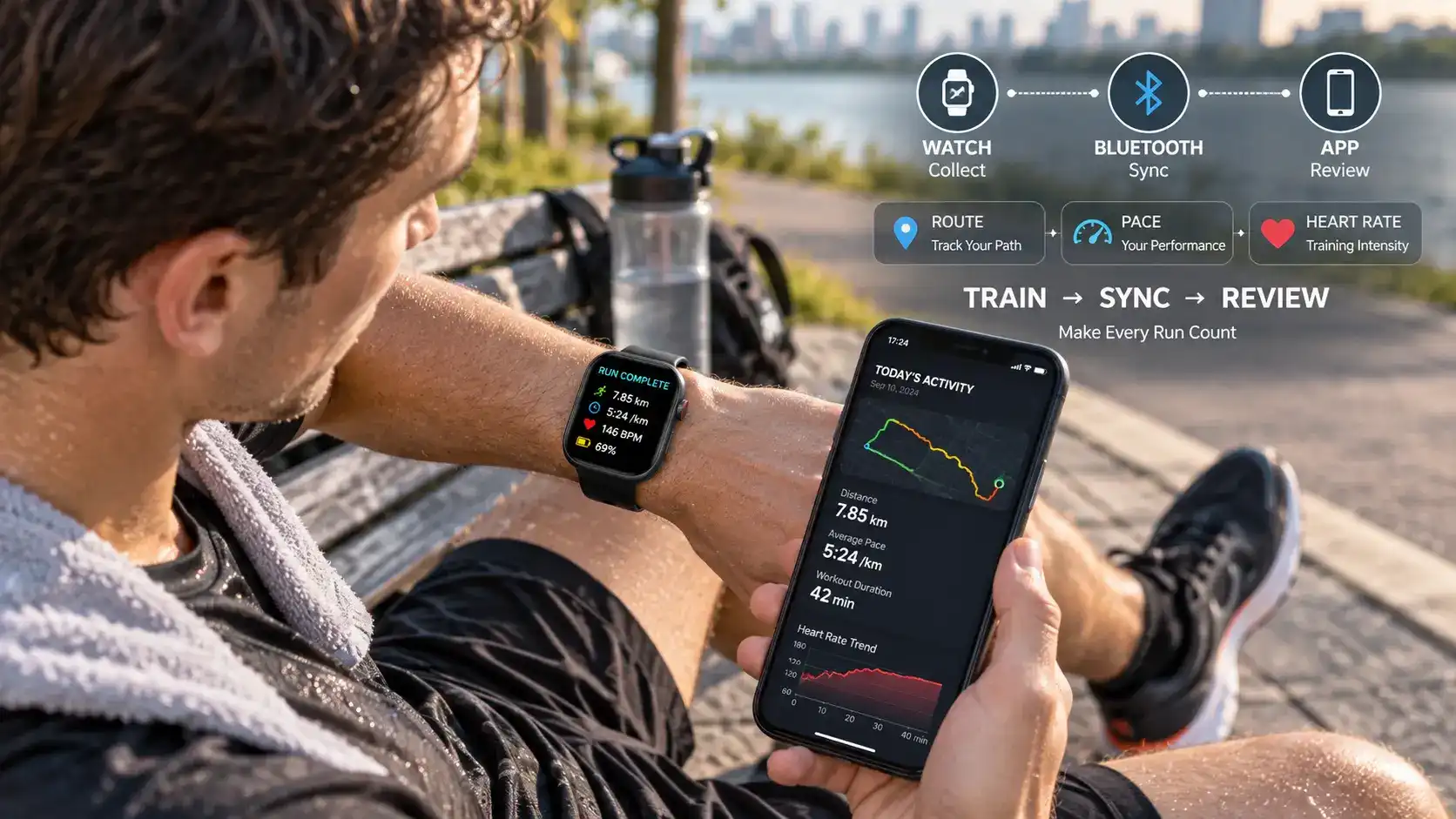 Athlete reviewing smartwatch heart rate trends after several training sessions. Athlete reviewing smartwatch heart rate trends after several training sessions.