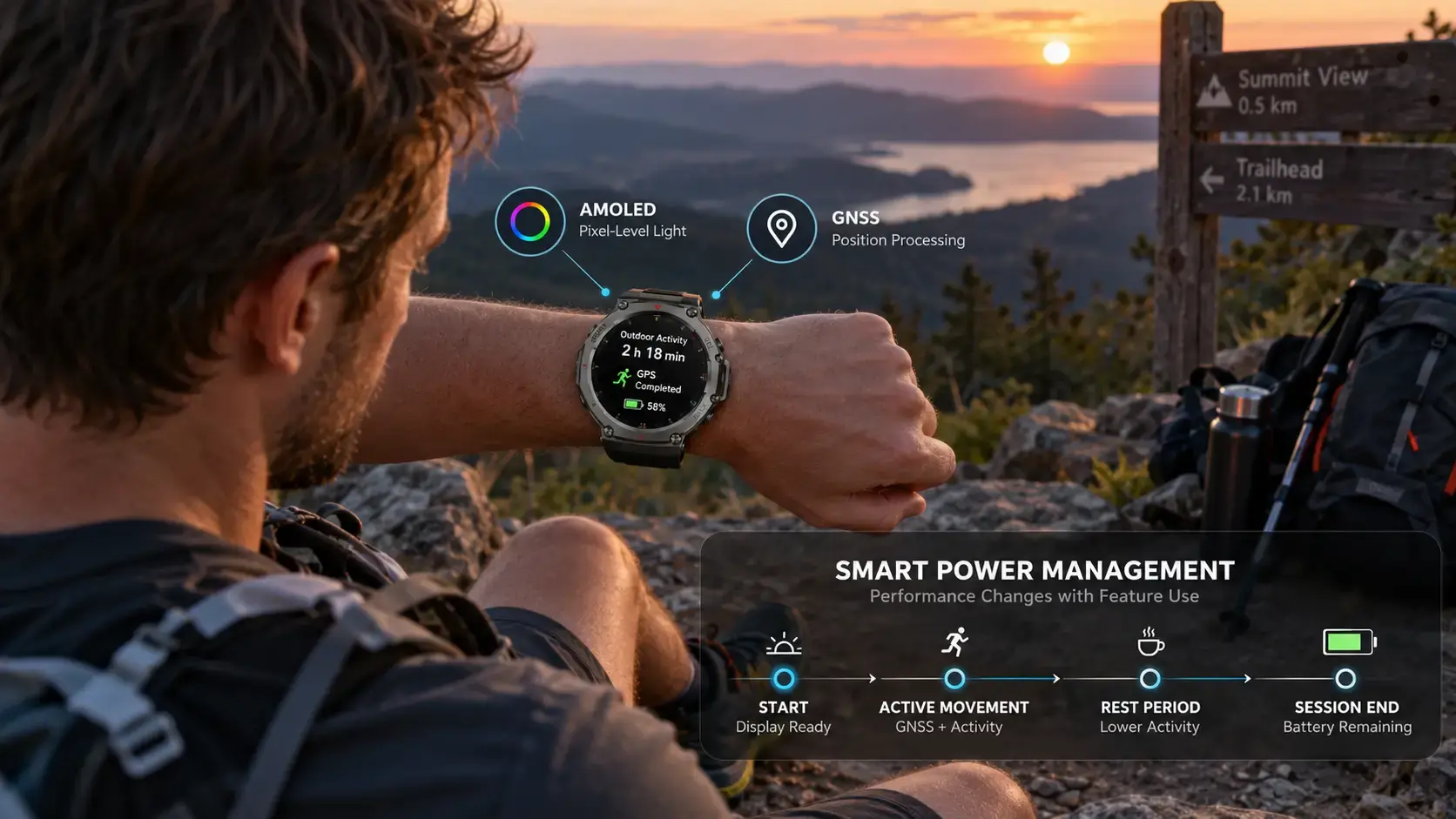 Outdoor athlete reviewing smartwatch battery status after GPS activity.