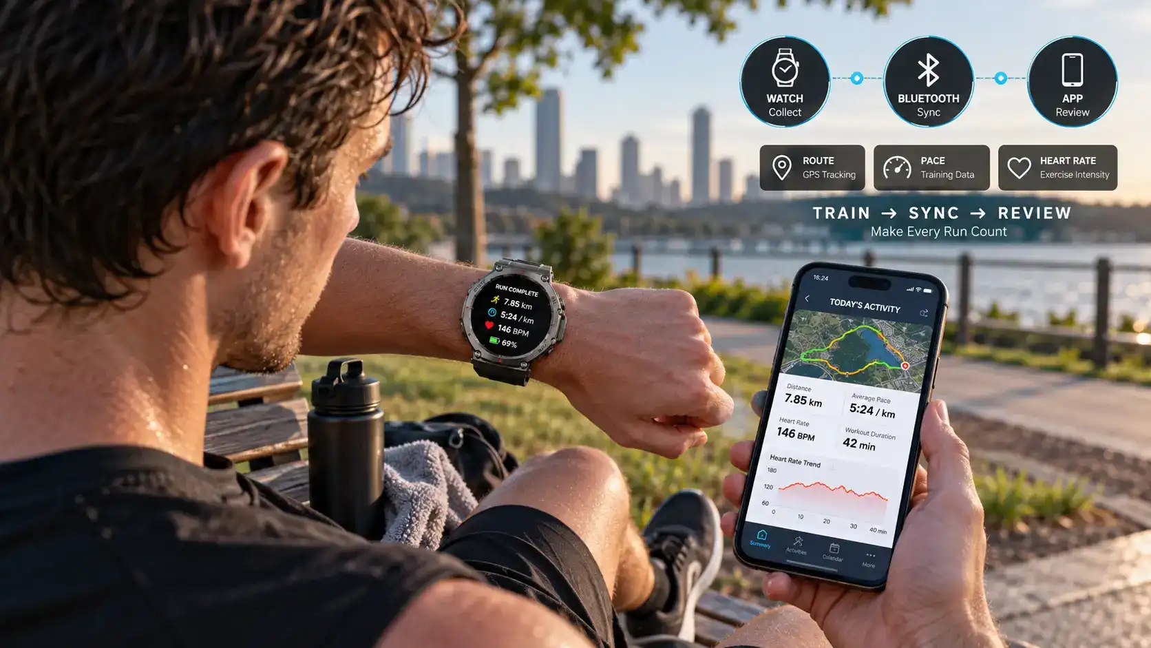 Runner reviewing GPS, pace and heart rate data synced from a smartwatch.