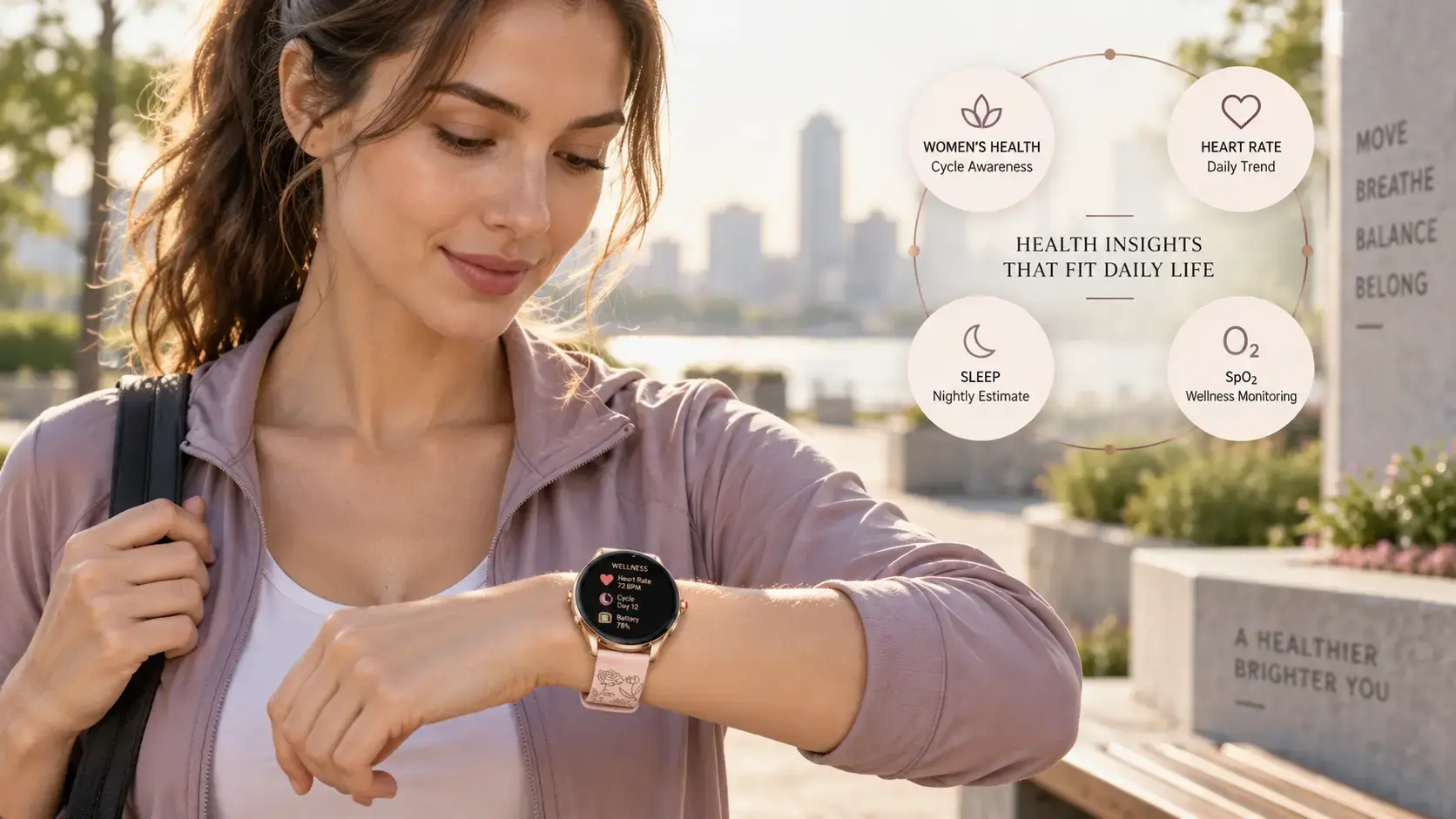 Woman reviewing cycle and wellness trends from a health smartwatch.