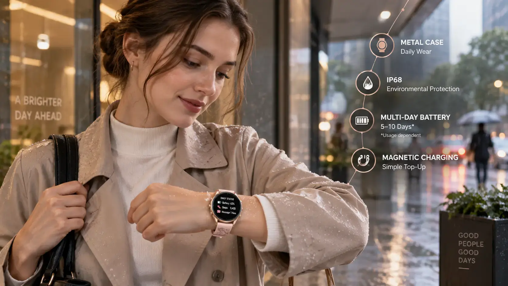 Professional woman wearing a metal health smartwatch during a rainy commute.