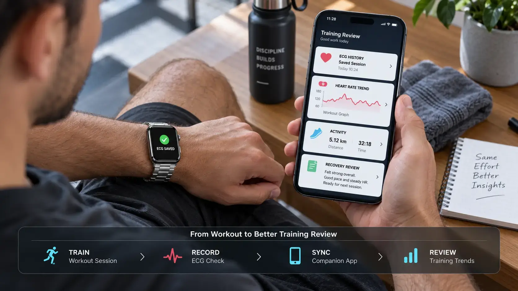 Athlete reviewing ECG and workout trends from a sport watch app.