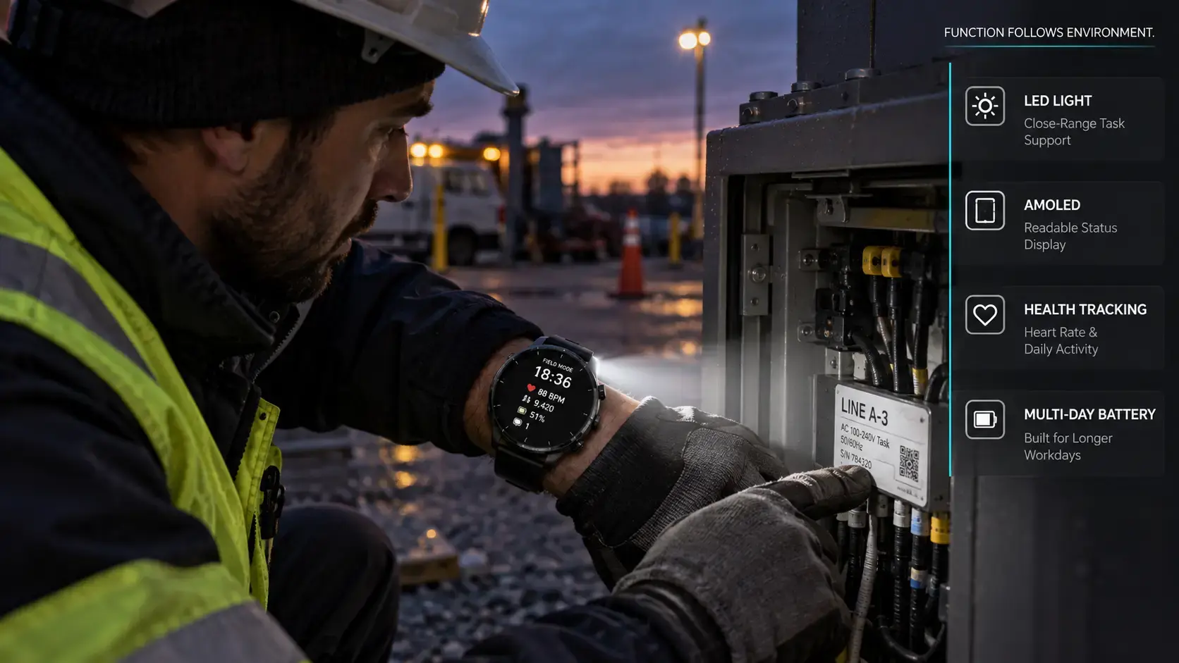 Field worker using a smartwatch LED light during a low-light equipment inspection. Field worker using a smartwatch LED light during a low-light equipment inspection.