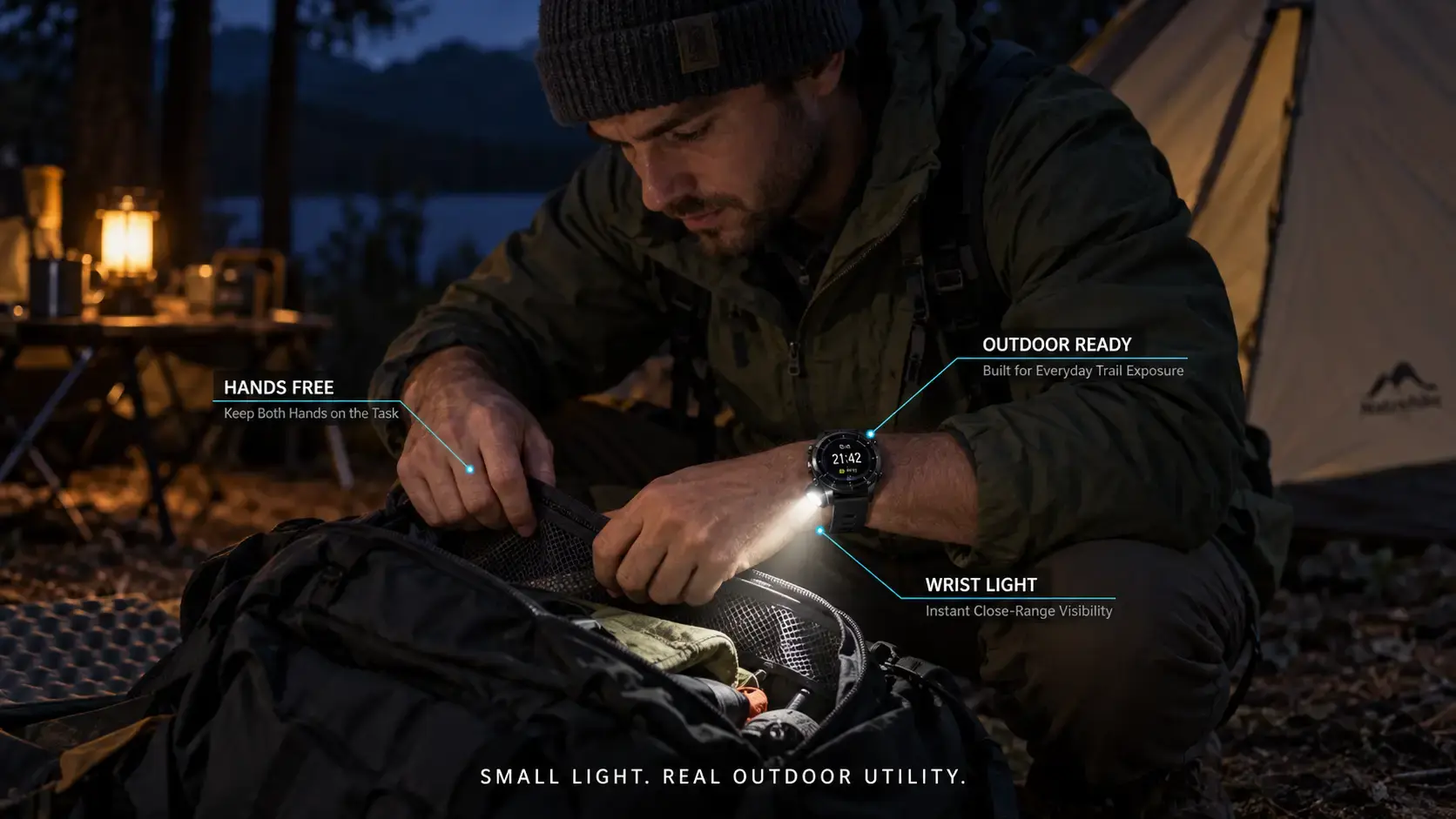 Camper using a smartwatch LED light for a hands-free nighttime campsite task. Camper using a smartwatch LED light for a hands-free nighttime campsite task.