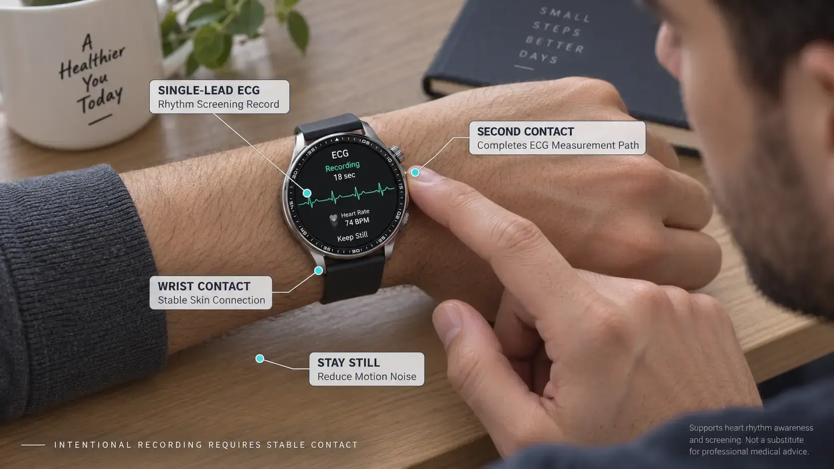 User recording a single-lead ECG on a smartwatch while seated still with correct electrode contact. User recording a single-lead ECG on a smartwatch while seated still with correct electrode contact.
