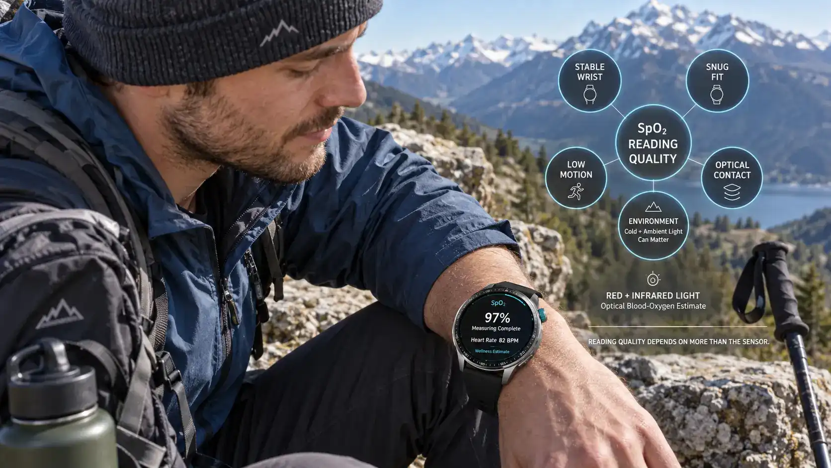 Hiker checking a smartwatch SpO₂ reading while resting after high-altitude outdoor activity. Hiker checking a smartwatch SpO₂ reading while resting after high-altitude outdoor activity.