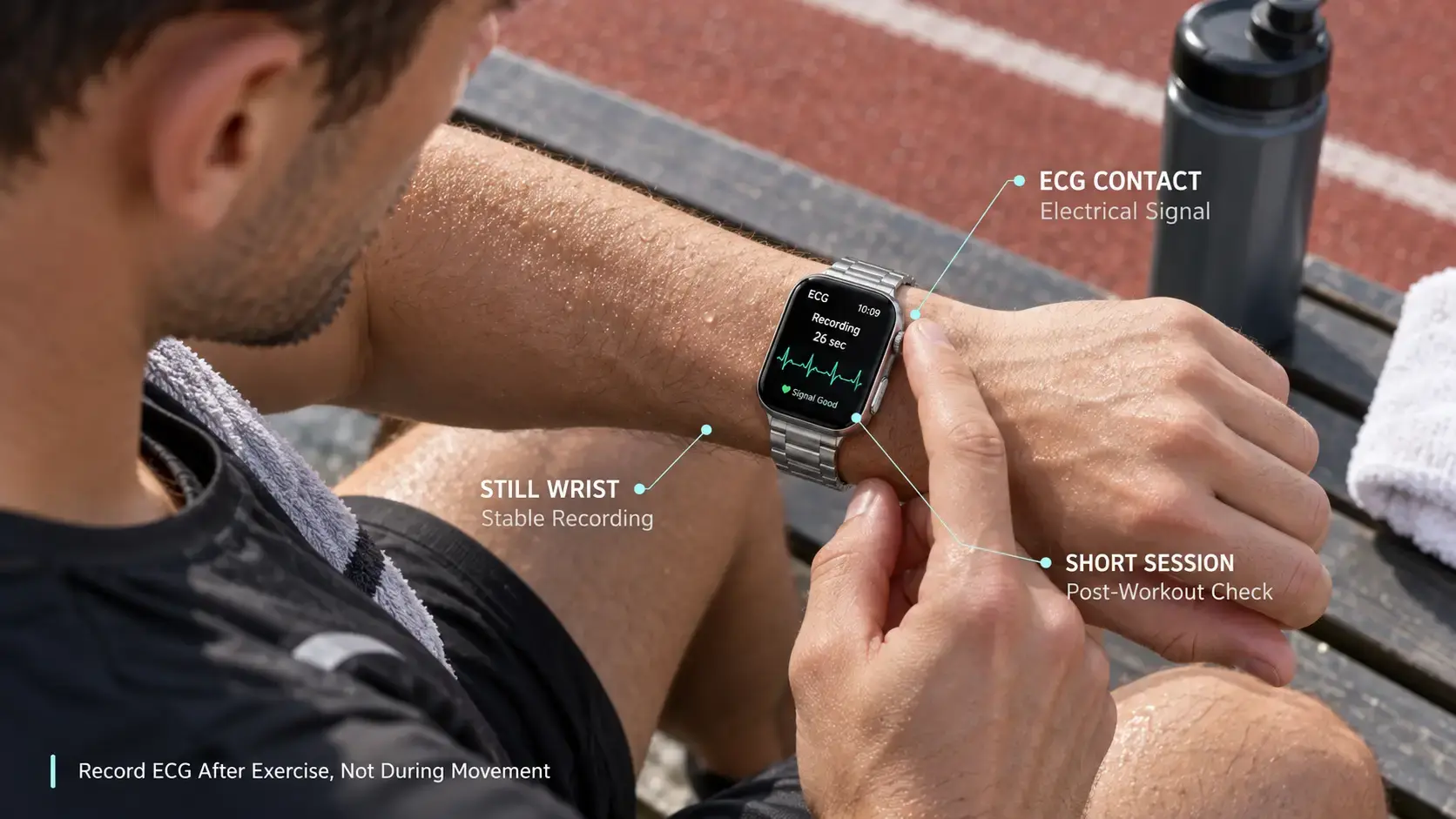 Runner recording ECG on a sport watch during post-workout recovery. Runner recording ECG on a sport watch during post-workout recovery.
