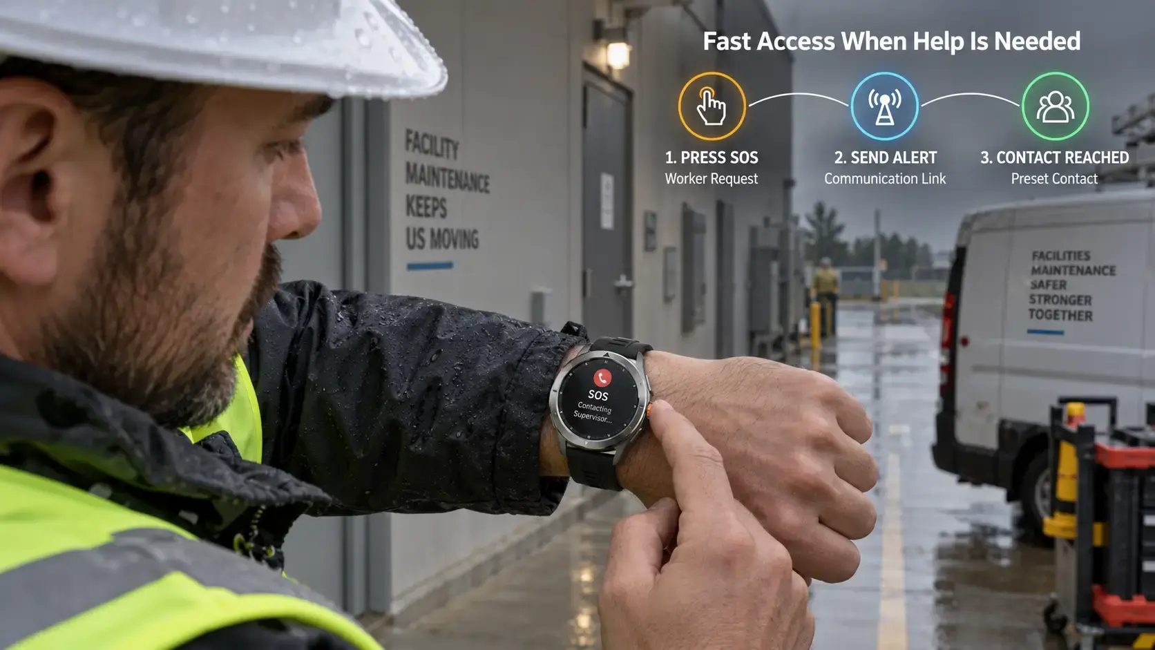 Lone worker pressing the SOS button on a voice call watch.