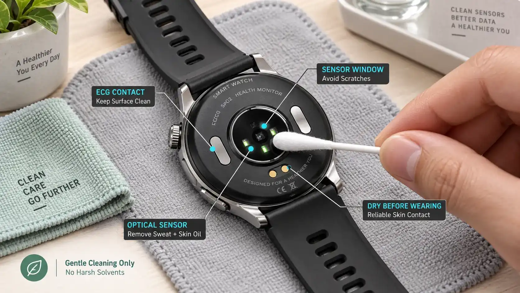 Cleaning ECG electrodes and SpO2 optical sensors on a smartwatch.