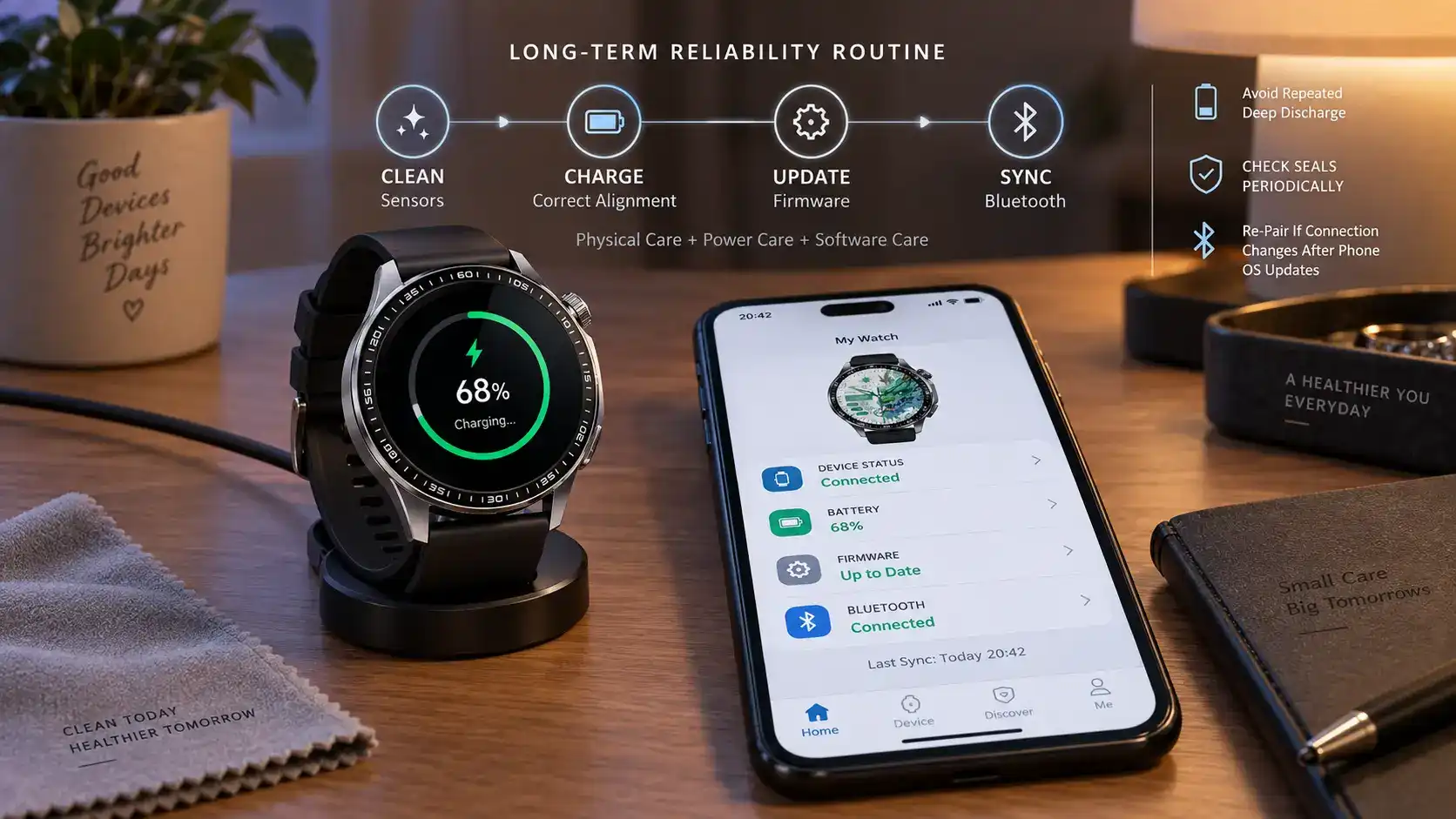 Smartwatch charging while firmware and Bluetooth status are checked on a phone.