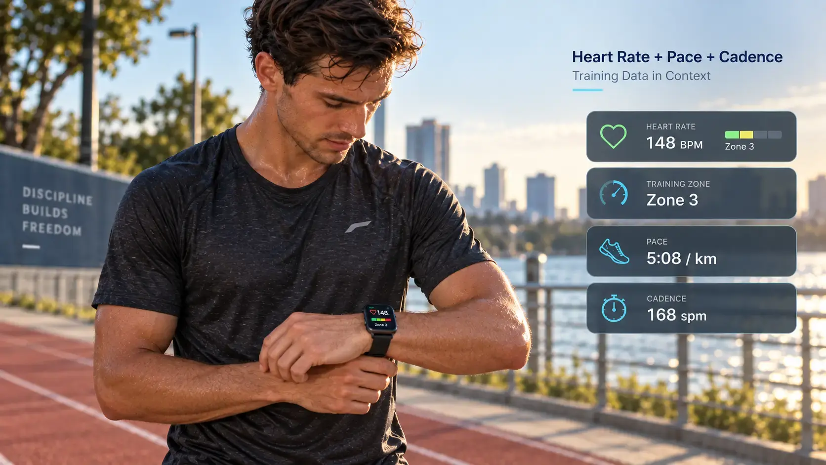 Runner wearing a heart rate smartwatch correctly for stable PPG sensor contact.