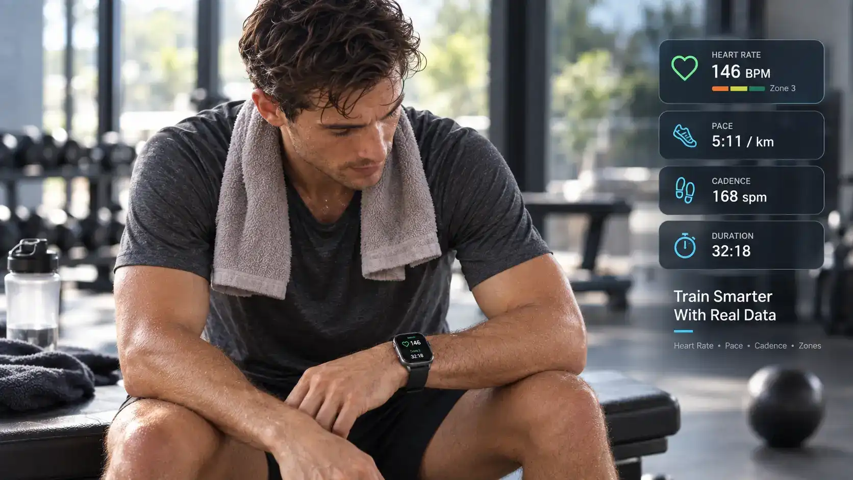 Runner reviewing heart rate zones, pace and cadence data after training. Runner reviewing heart rate zones, pace and cadence data after training.