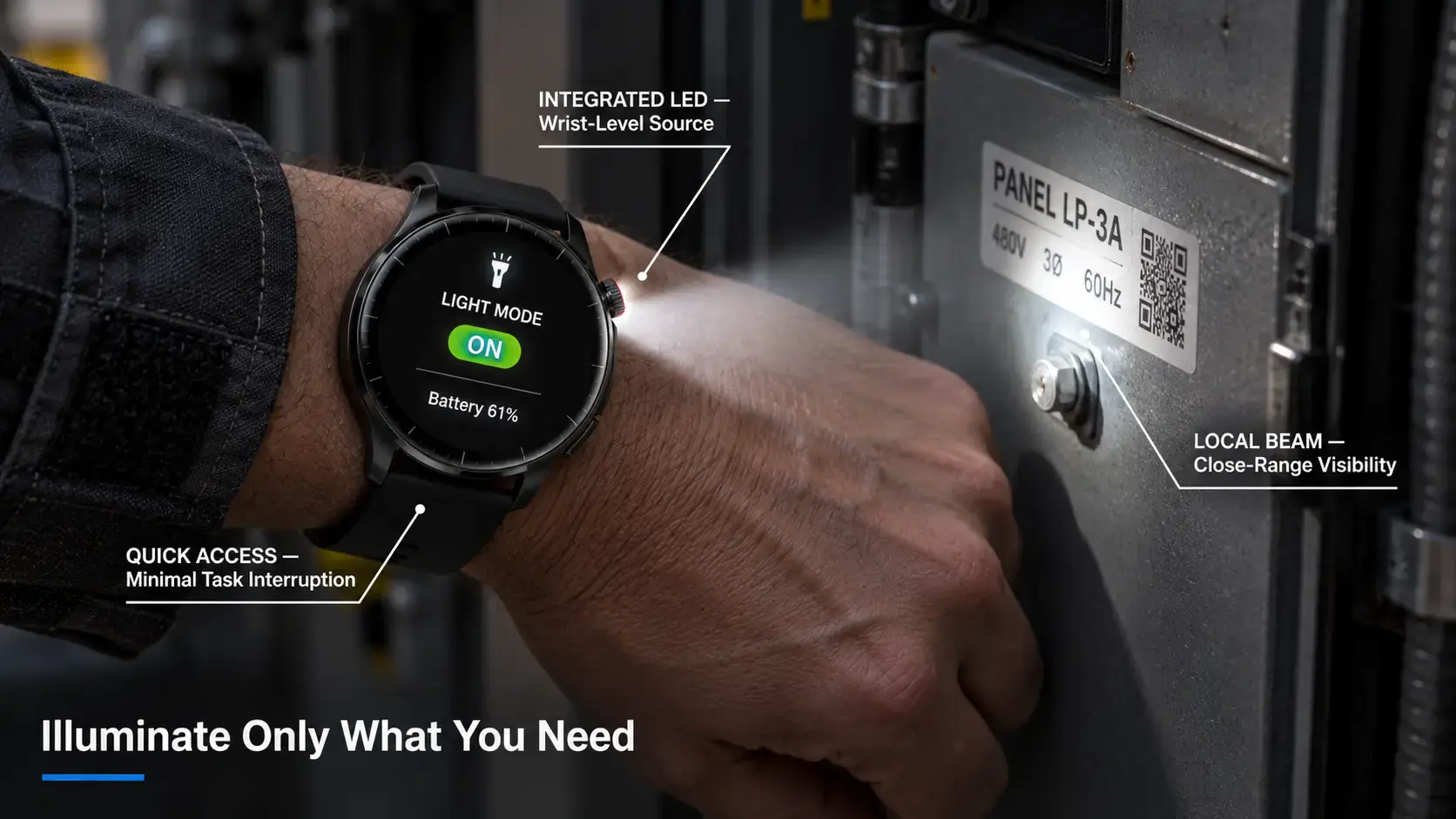 Technician using a smartwatch LED to inspect a nearby equipment detail.