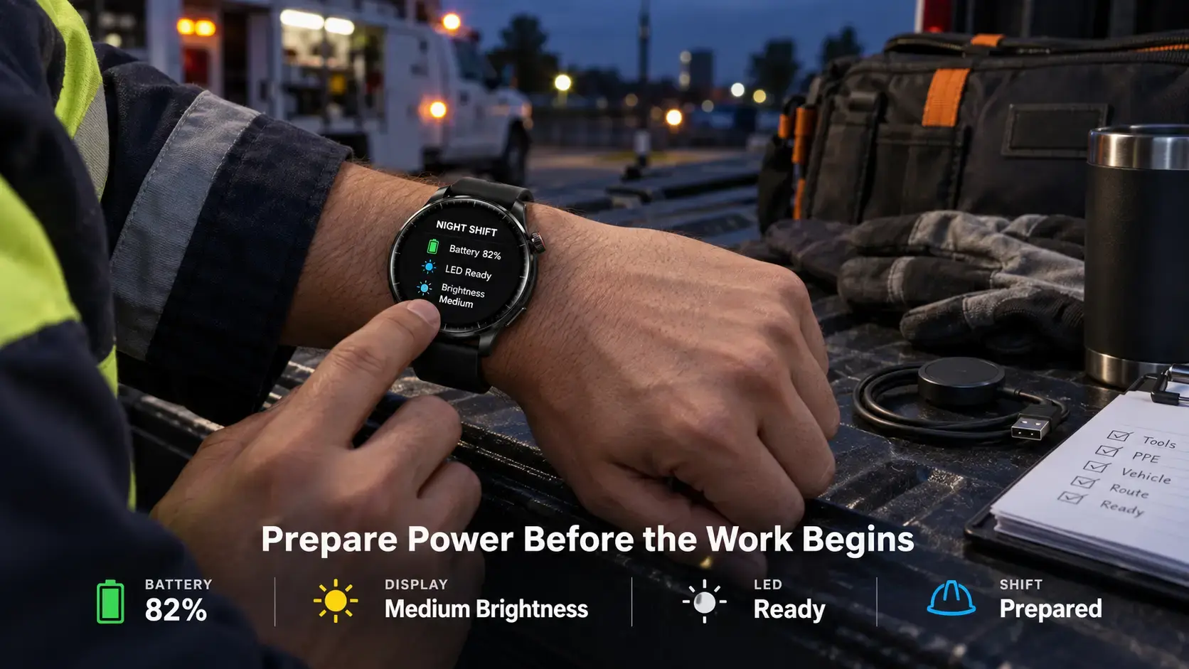Worker checking smartwatch LED and battery status before a night shift. Worker checking smartwatch LED and battery status before a night shift.