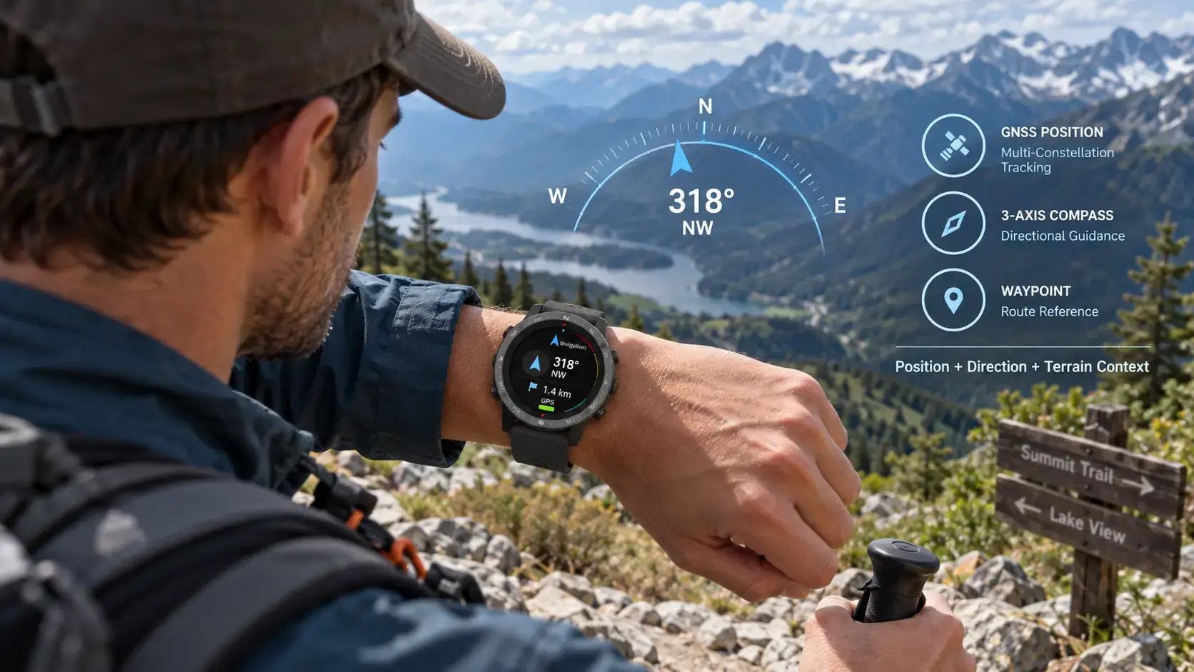 Forestry worker using GPS position and compass heading on a smartwatch.