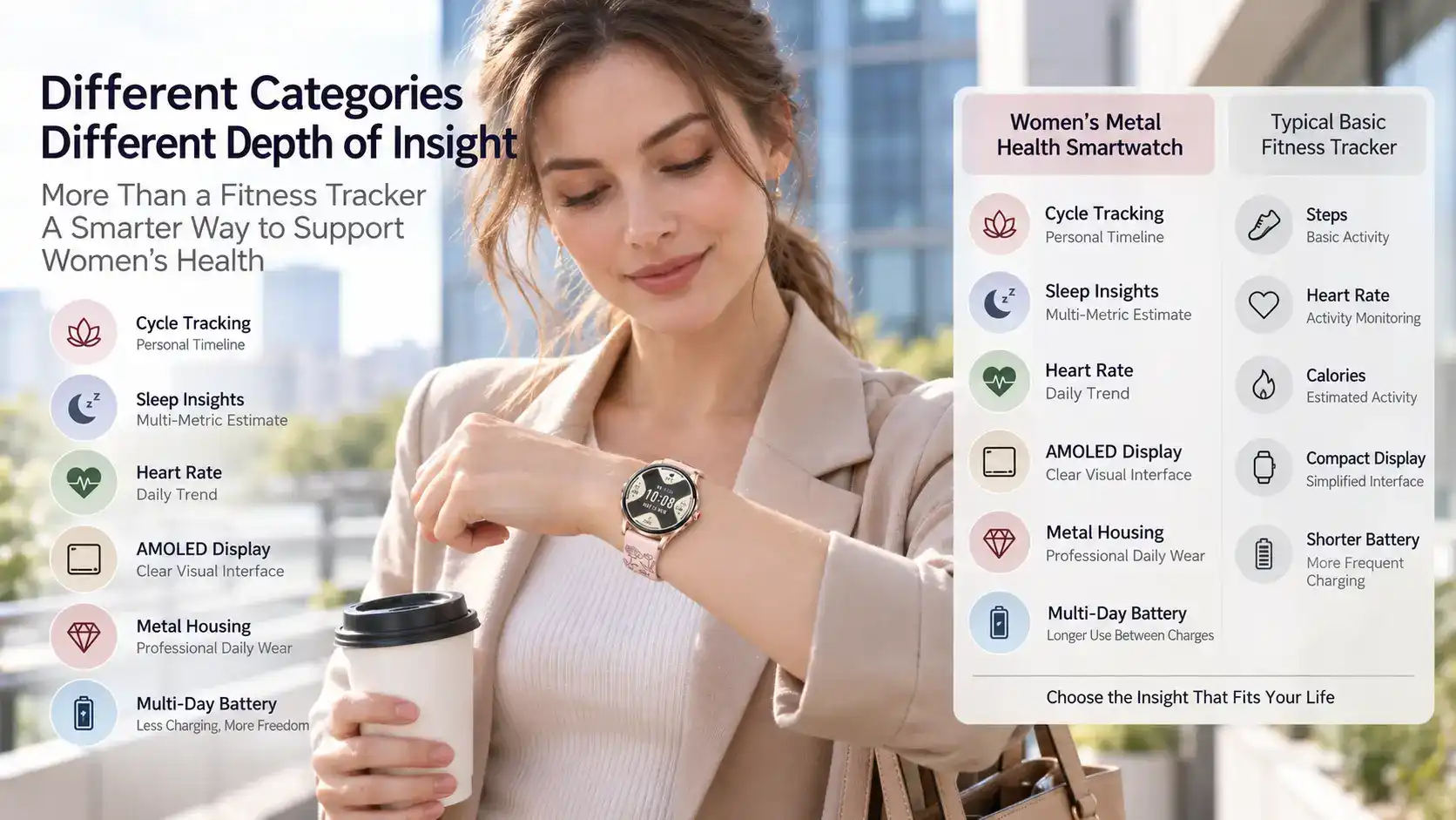 Woman reviewing cycle, sleep and heart rate trends on a health smartwatch.