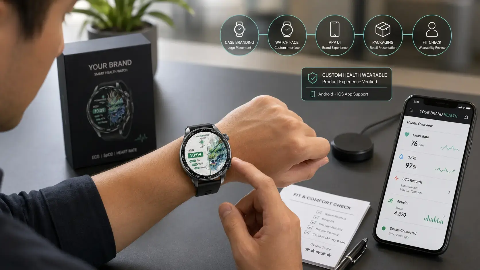Cyclist reviewing synced workout data after training with a sports smartwatch. Cyclist reviewing synced workout data after training with a sports smartwatch.
