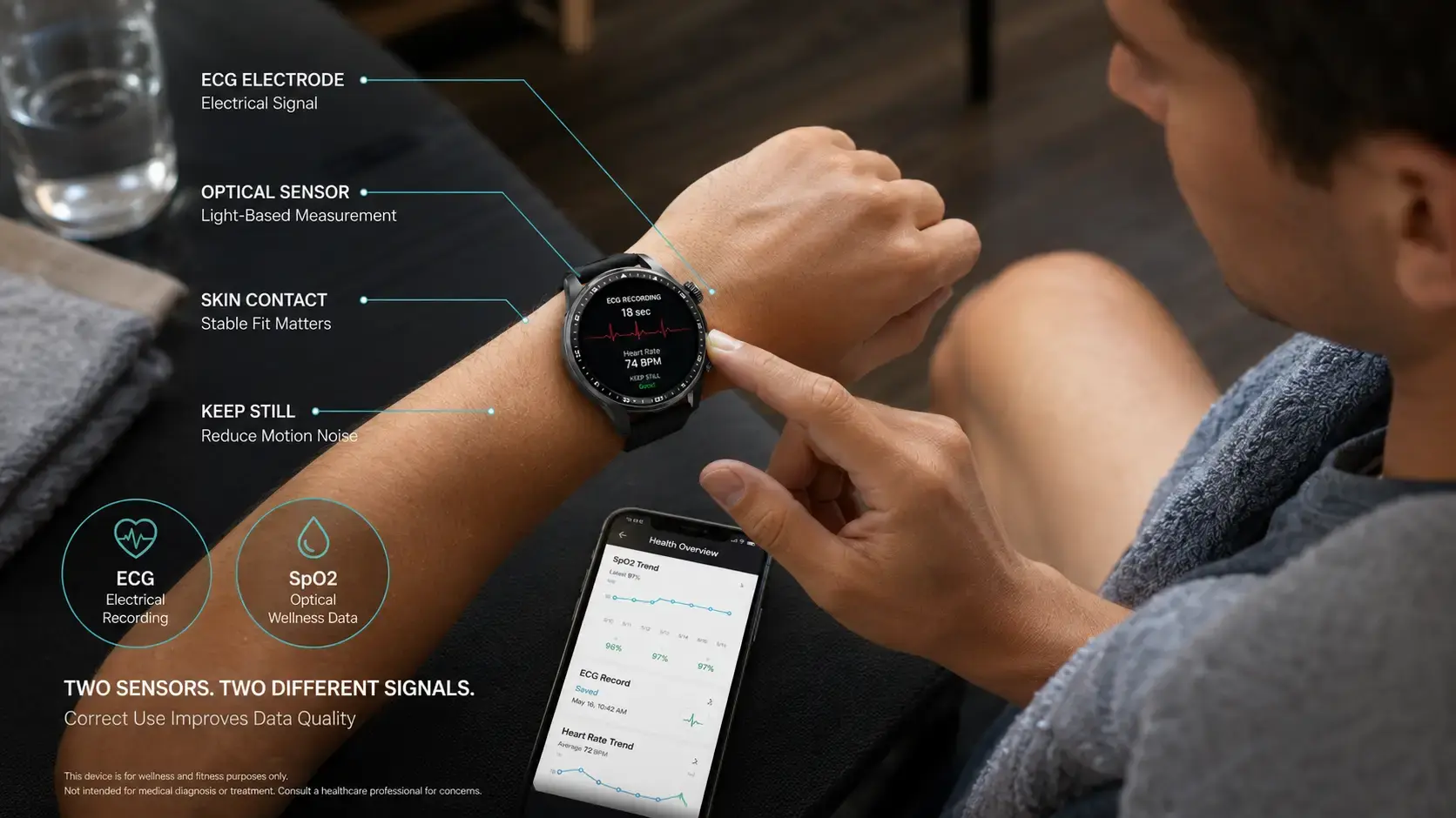 Runner reviewing heart rate and pace on a sports smartwatch.