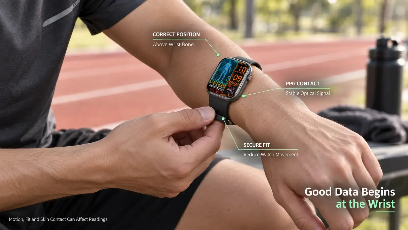 Runner adjusting smartwatch fit for stable optical heart-rate tracking. Runner adjusting smartwatch fit for stable optical heart-rate tracking.