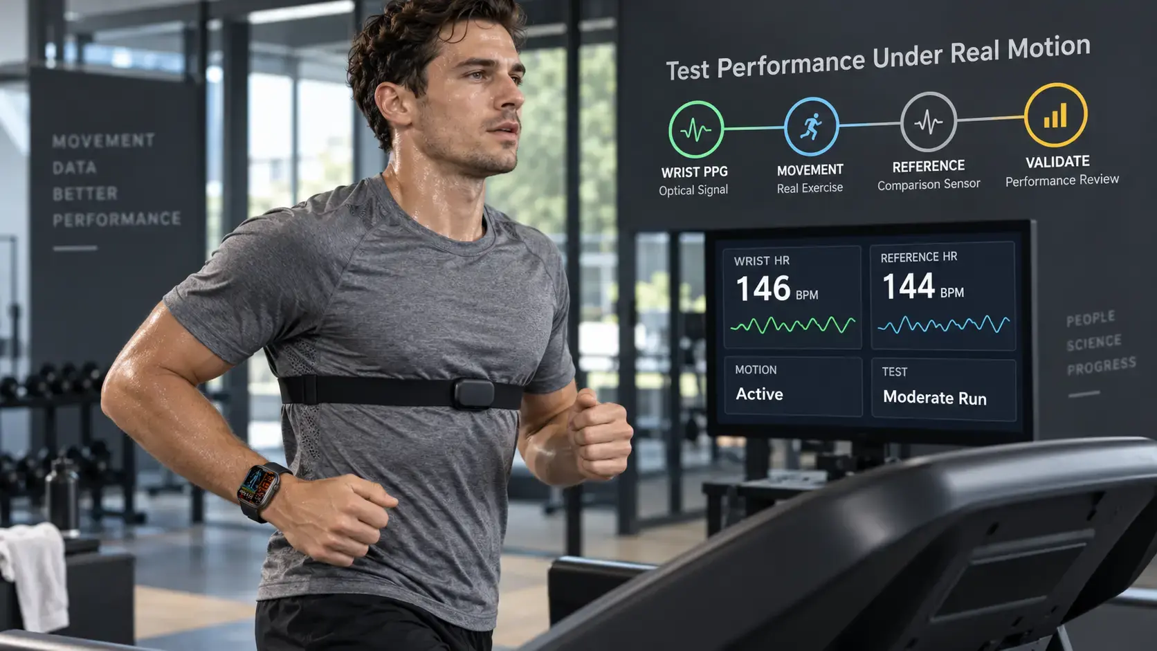 Athlete undergoing controlled treadmill testing with a wrist heart-rate smartwatch and reference sensor. Athlete undergoing controlled treadmill testing with a wrist heart-rate smartwatch and reference sensor.