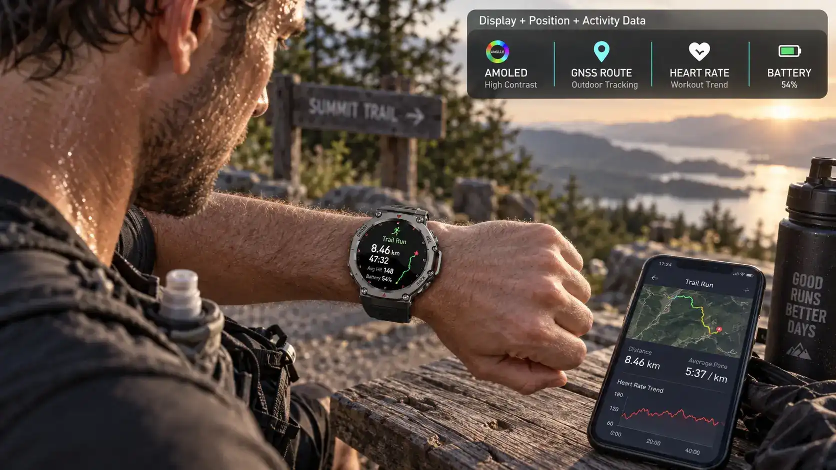 User viewing a dark high-contrast AMOLED smartwatch interface in low light.