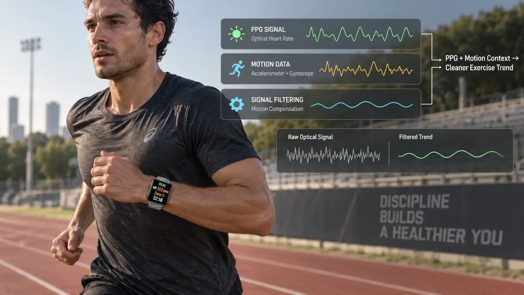 Runner using smartwatch PPG and motion sensing during training.