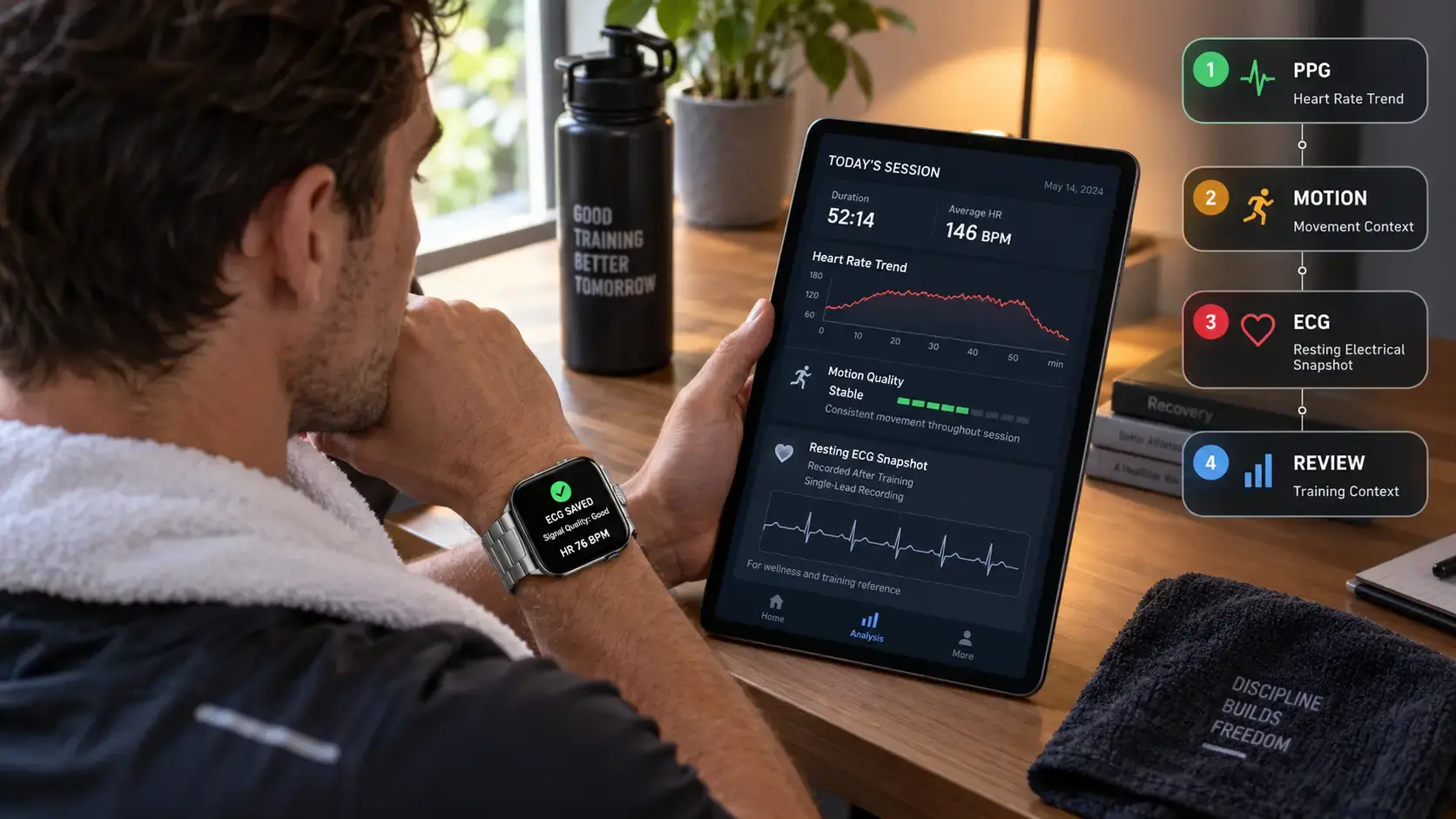 Athlete reviewing ECG, heart rate, and motion data after training. Athlete reviewing ECG, heart rate, and motion data after training.