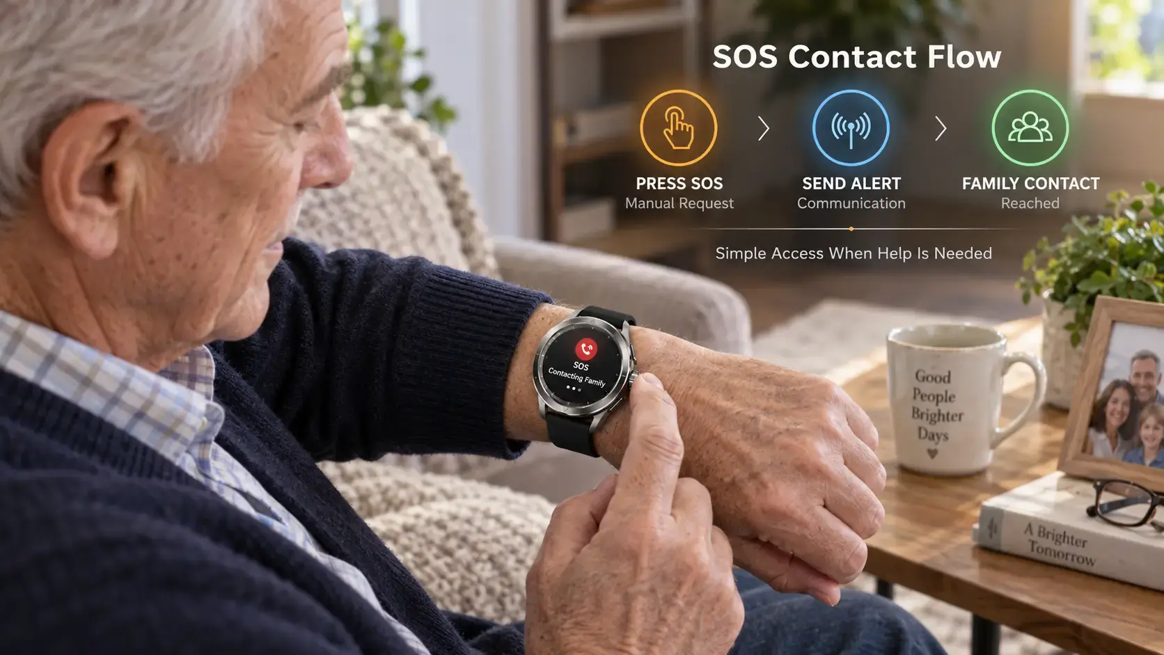 Senior pressing the SOS function on a voice call watch to contact family. Senior pressing the SOS function on a voice call watch to contact family.
