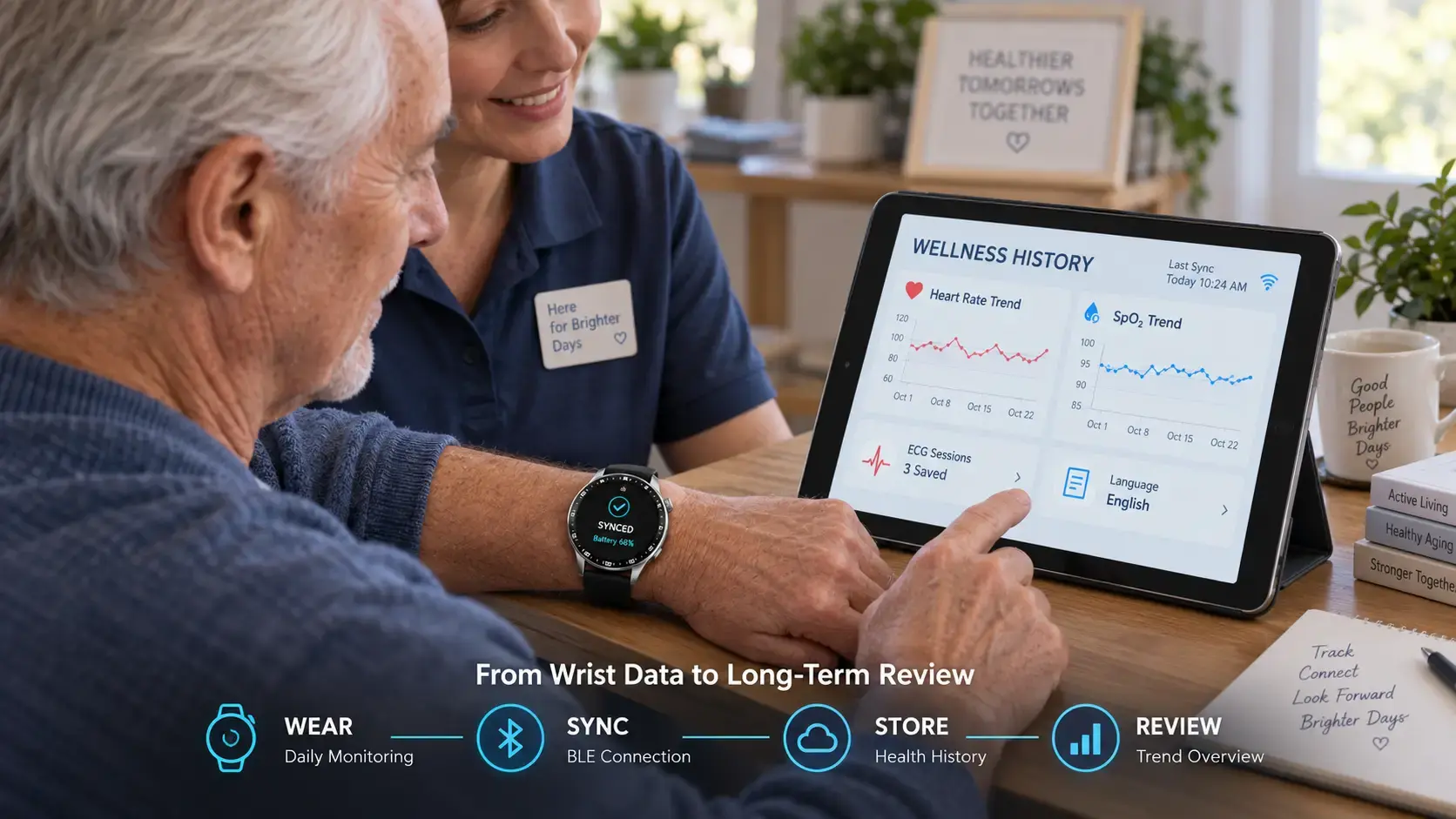 User reviewing smartwatch ECG and SpO₂ trends in a connected wellness program.