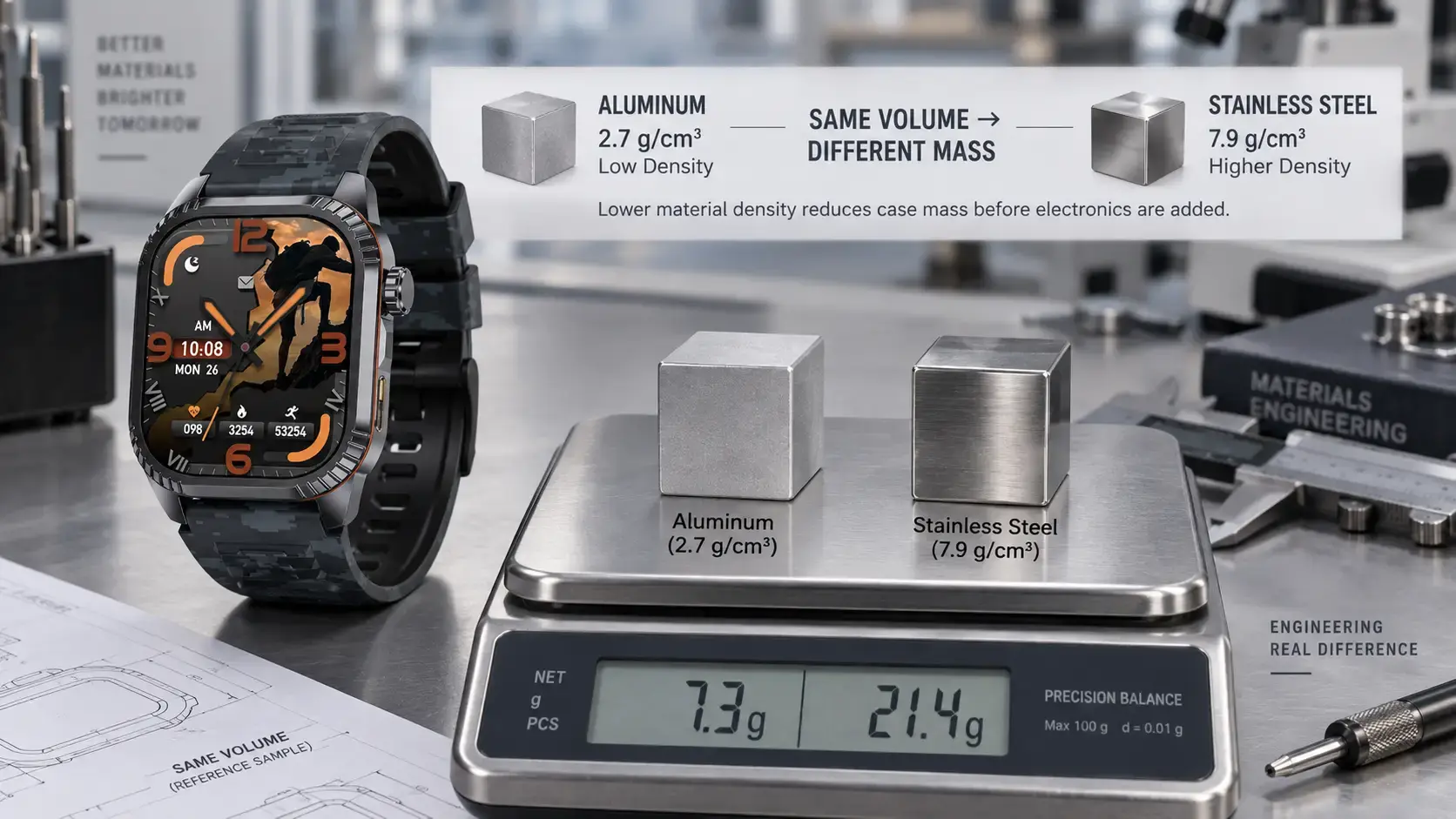 Engineering comparison showing aluminum's lower density than stainless steel. Engineering comparison showing aluminum's lower density than stainless steel.