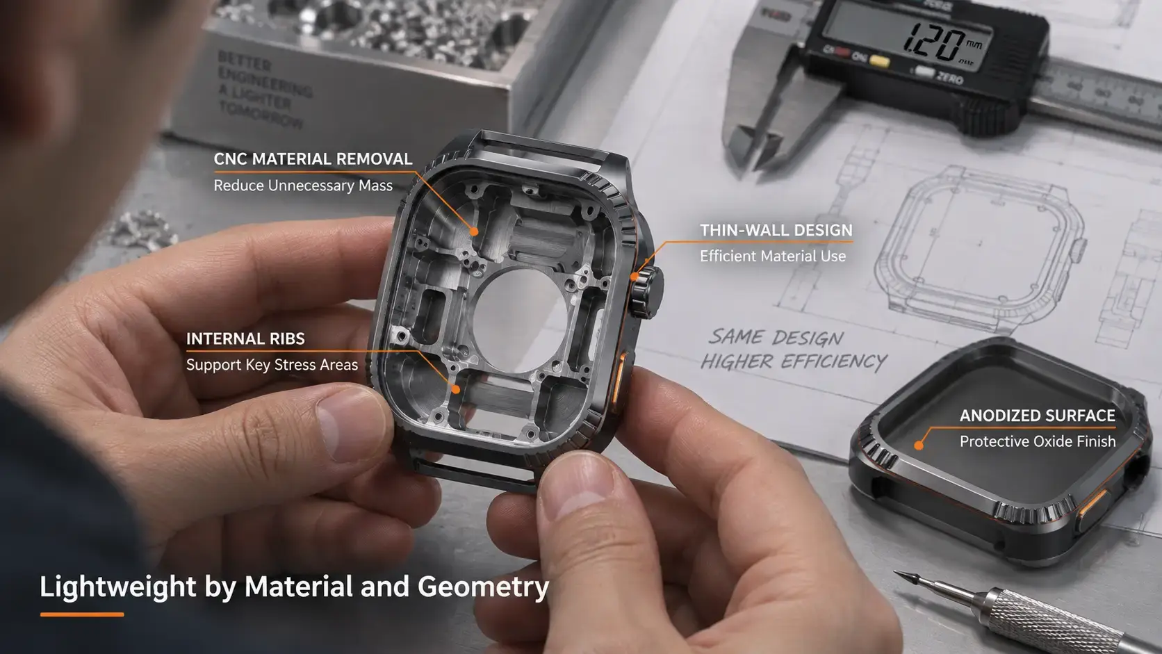 Engineer inspecting a CNC-machined lightweight aluminum smartwatch case.