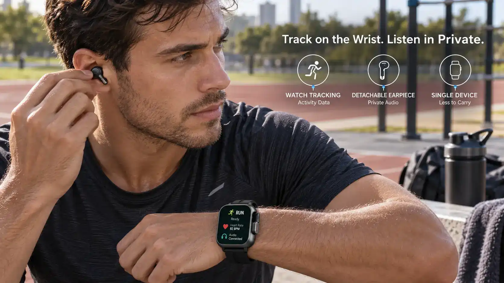 Runner preparing for training with a detachable smartwatch earpiece while the watch remains on the wrist.